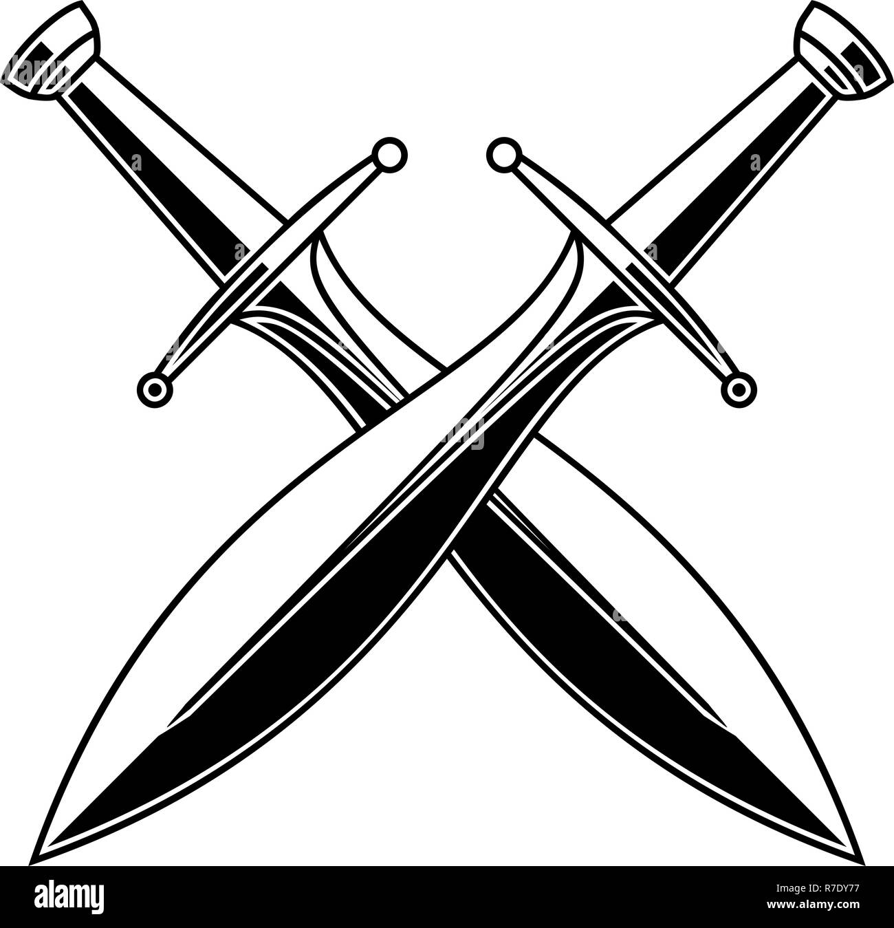 Incrociate le spade medievali su sfondo bianco. Elemento di design per il logo, l'etichetta, emblema, segno, poster, t-shirt. Illustrazione Vettoriale Illustrazione Vettoriale