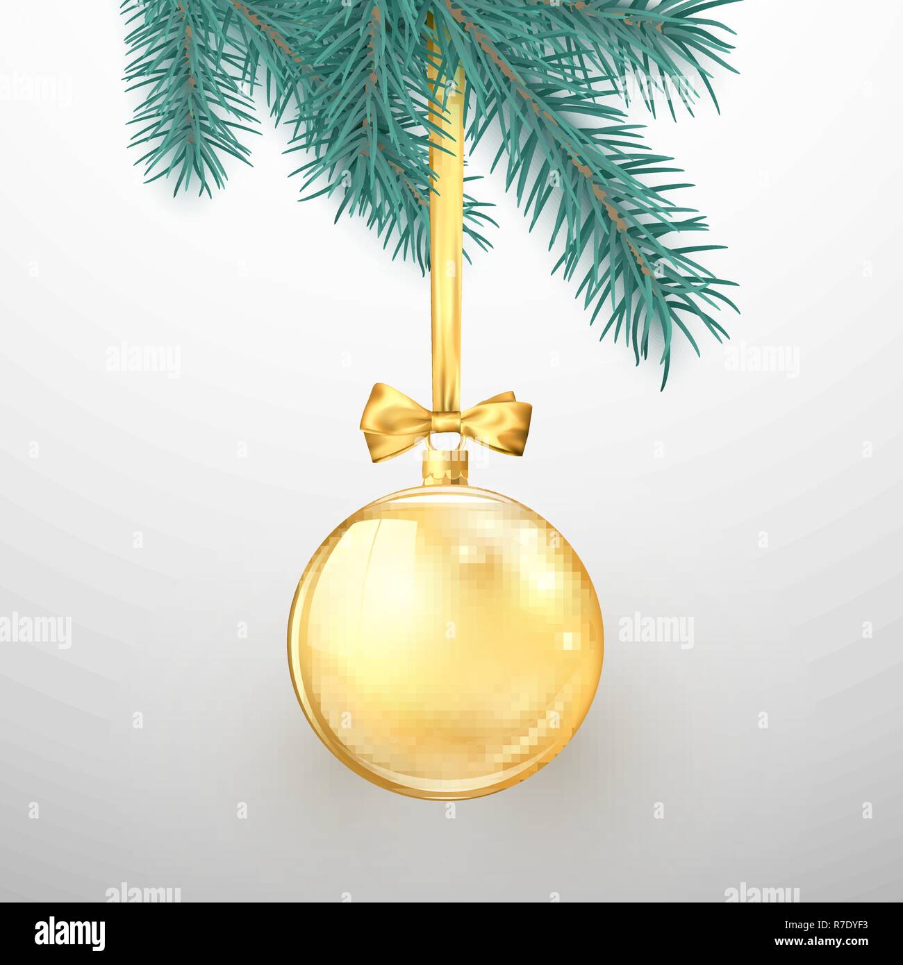 Buon Natale e Felice Anno Nuovo. Vacanze elementi di decorazione. Golden glitter palla di Natale con nastro color oro e bow appeso sul Nuovo Anno Albero. Vect Illustrazione Vettoriale