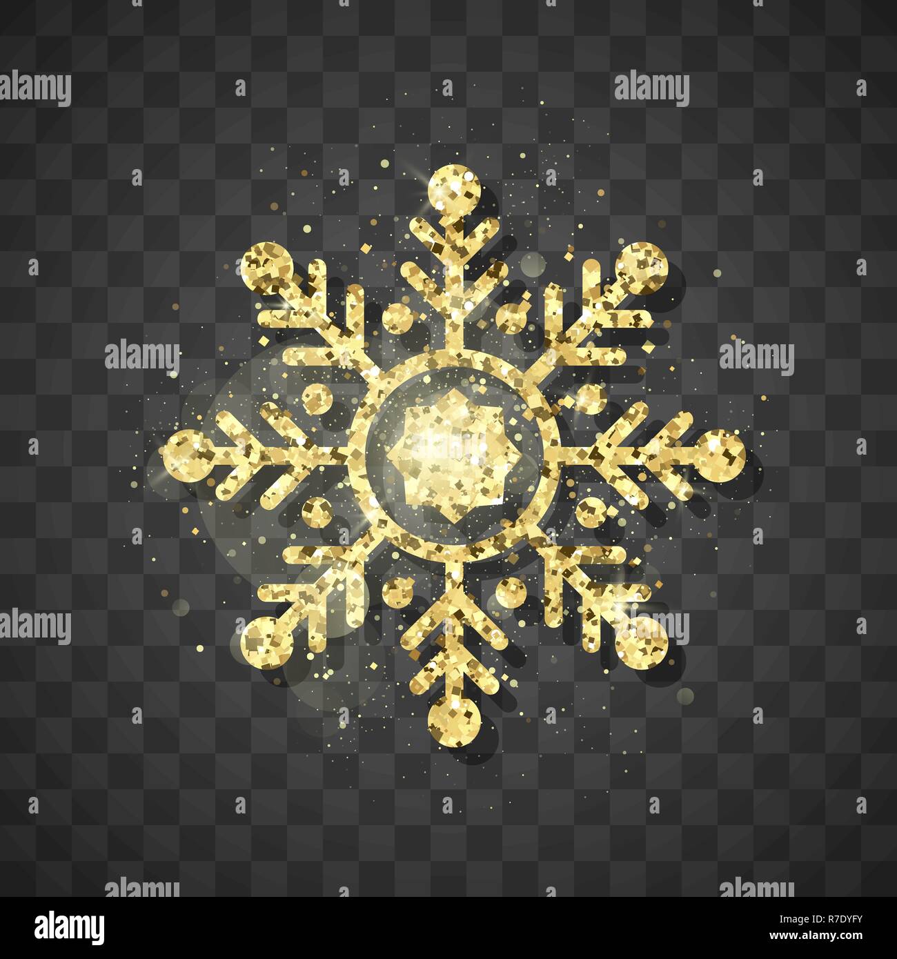 Shine golden il simbolo del fiocco di neve su sfondo nero. Natale e Anno Nuovo golden scintillante decorazione a fiocco di neve con la brillante luce scintillante effetto. Vettore Illustrazione Vettoriale