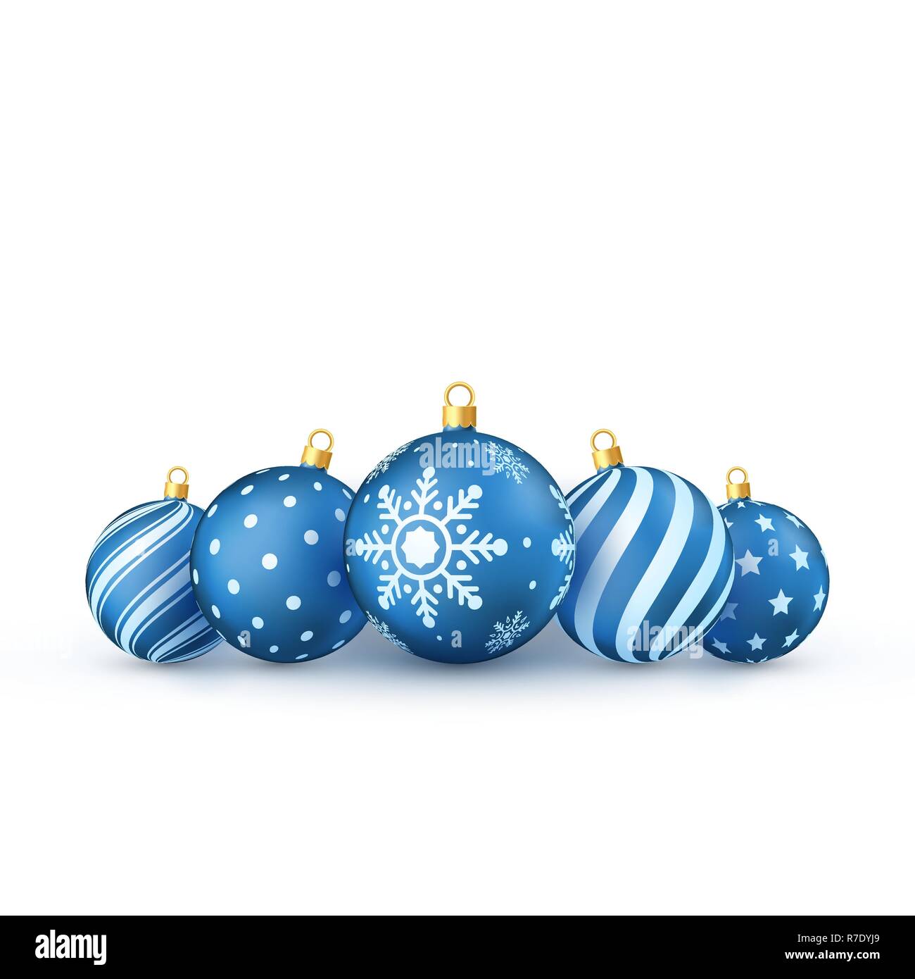 Blu palle di Natale Set. Vacanze nuovi decorativi anno albero giocattoli. Illustrazione di vettore isolato su sfondo bianco Illustrazione Vettoriale