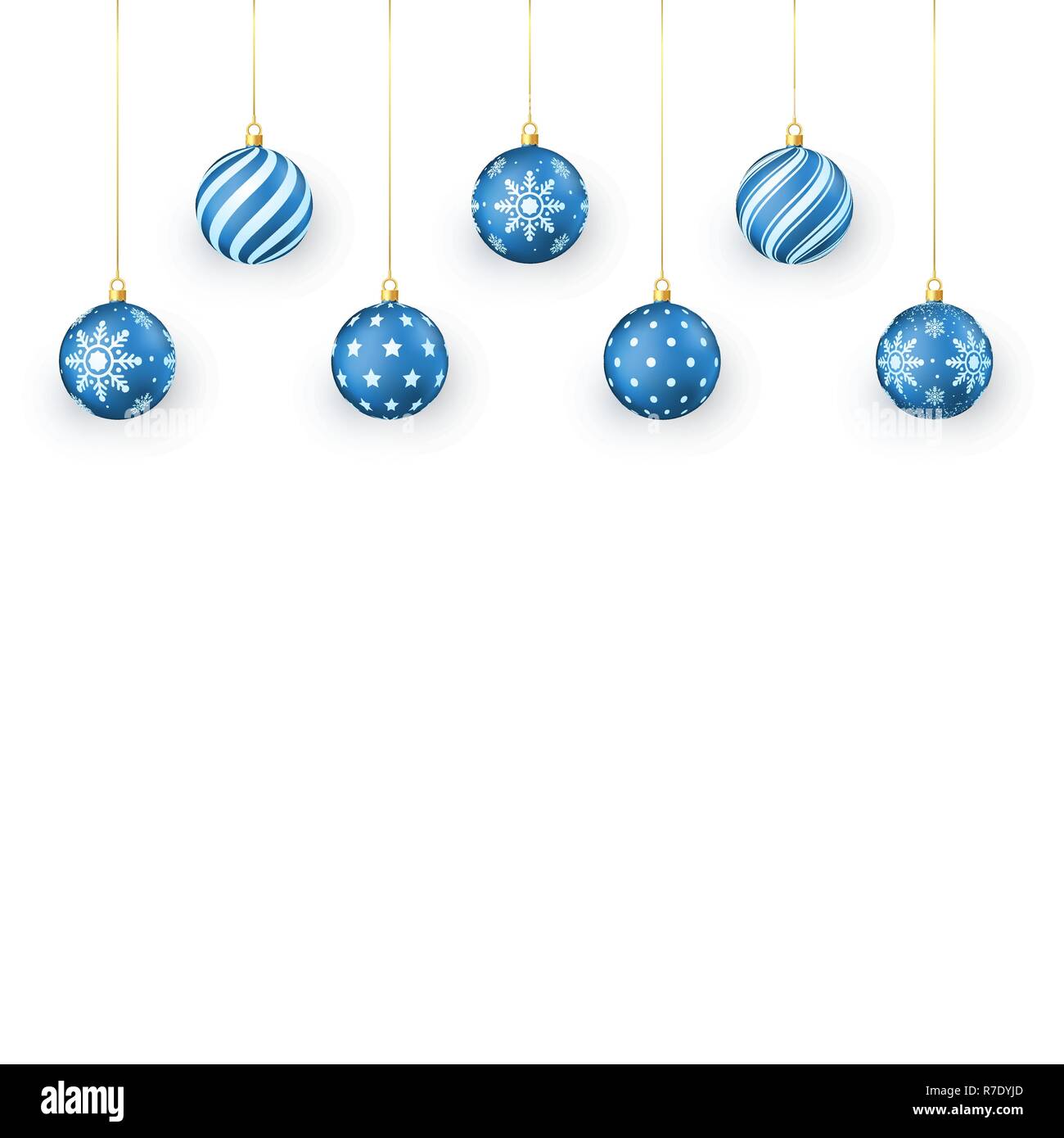 Blu palle di Natale Set. Holiday elementi decorativi. Festival di palle di Natale appeso al golden stringa. Illustrazione di vettore isolato su sfondo bianco Illustrazione Vettoriale