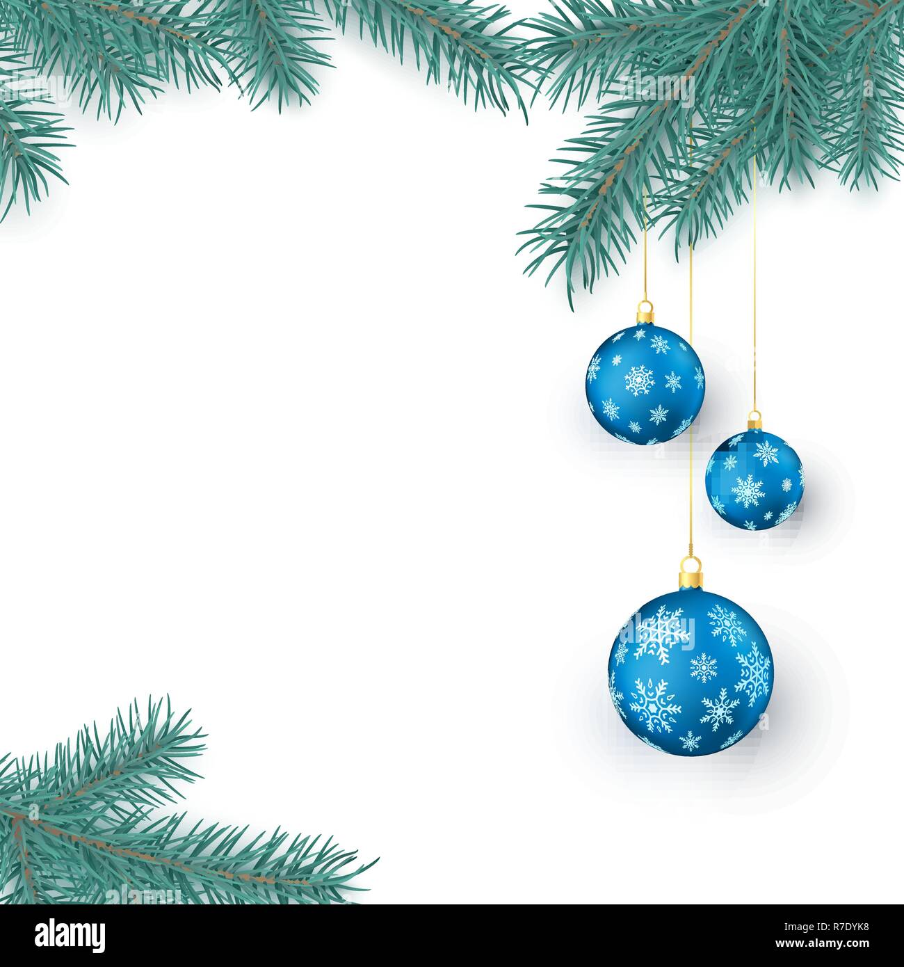 Rametti di abete e blu le palle di Natale con i fiocchi di neve ornamento con spazio per testo di saluto. Decorazione di Natale gli elementi isolati su sfondo bianco. Illustrazione Vettoriale