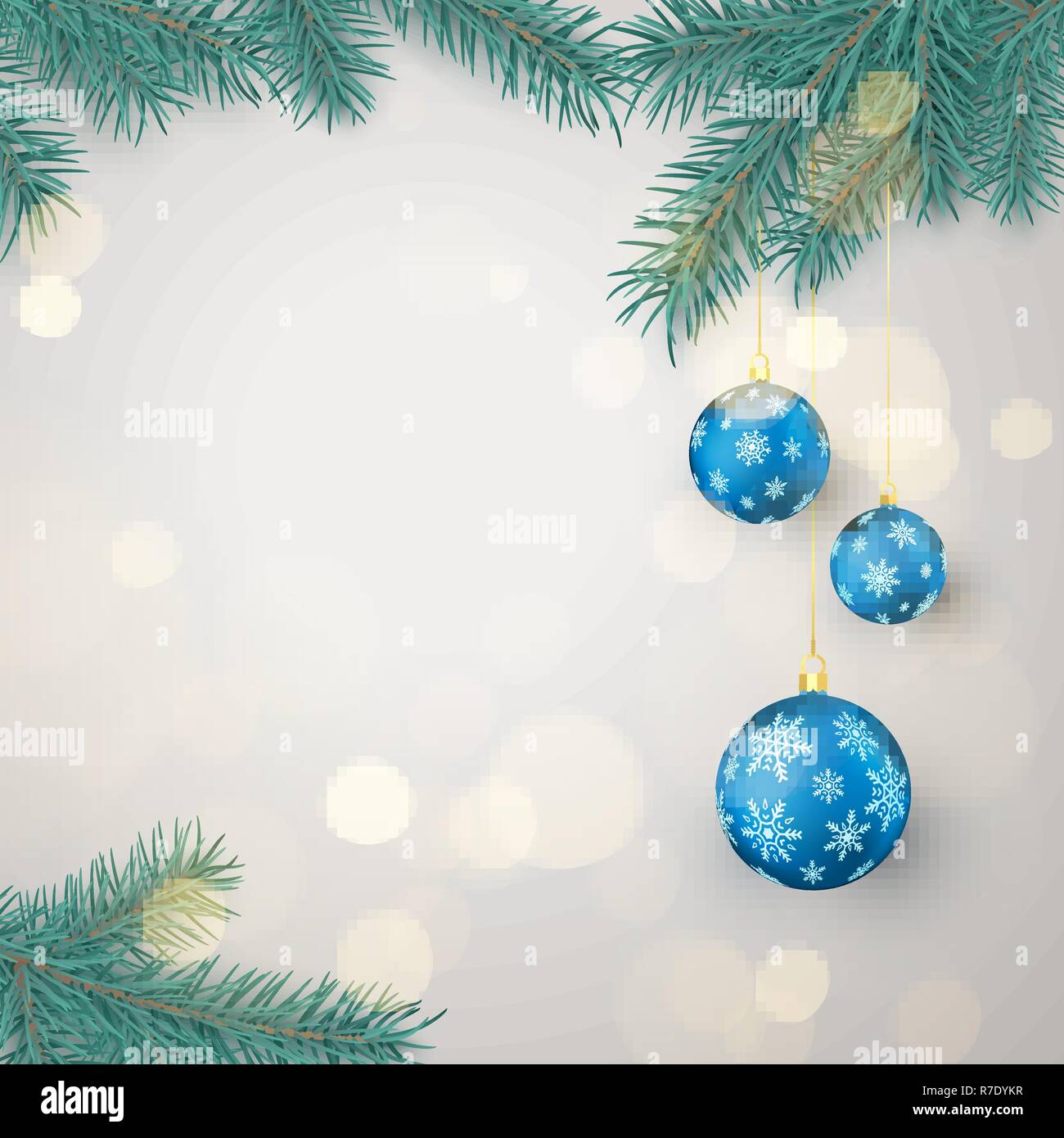 Rametti di abete e blu le palle di Natale con i fiocchi di neve ornamento con spazio per testo di saluto. Decorazione di Natale elementi. Xmas baubles. Illustra il vettore Illustrazione Vettoriale