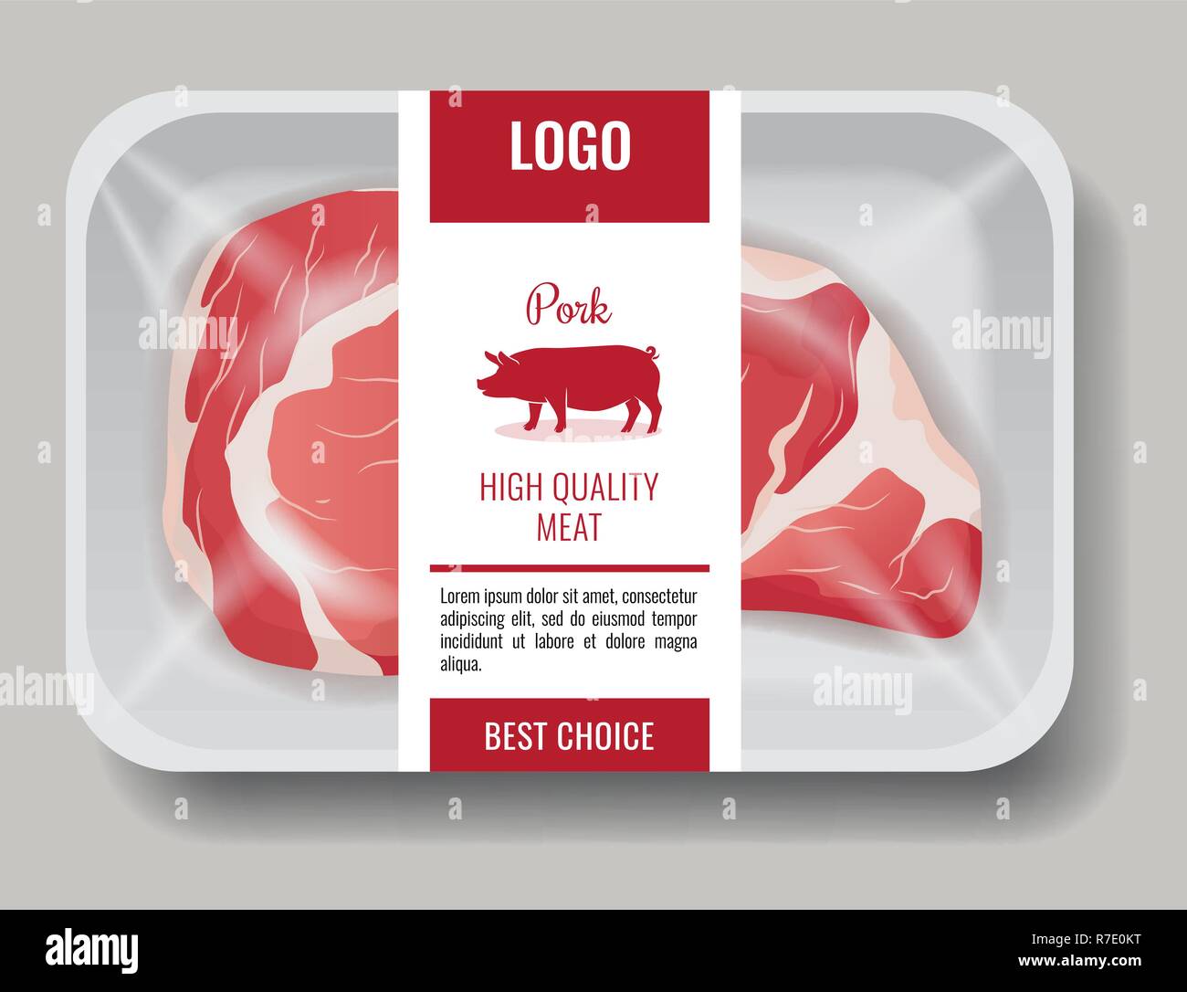 Prodotti di alta qualità, carni suine e bovine in pacchetto con il modello di etichetta Illustrazione Vettoriale
