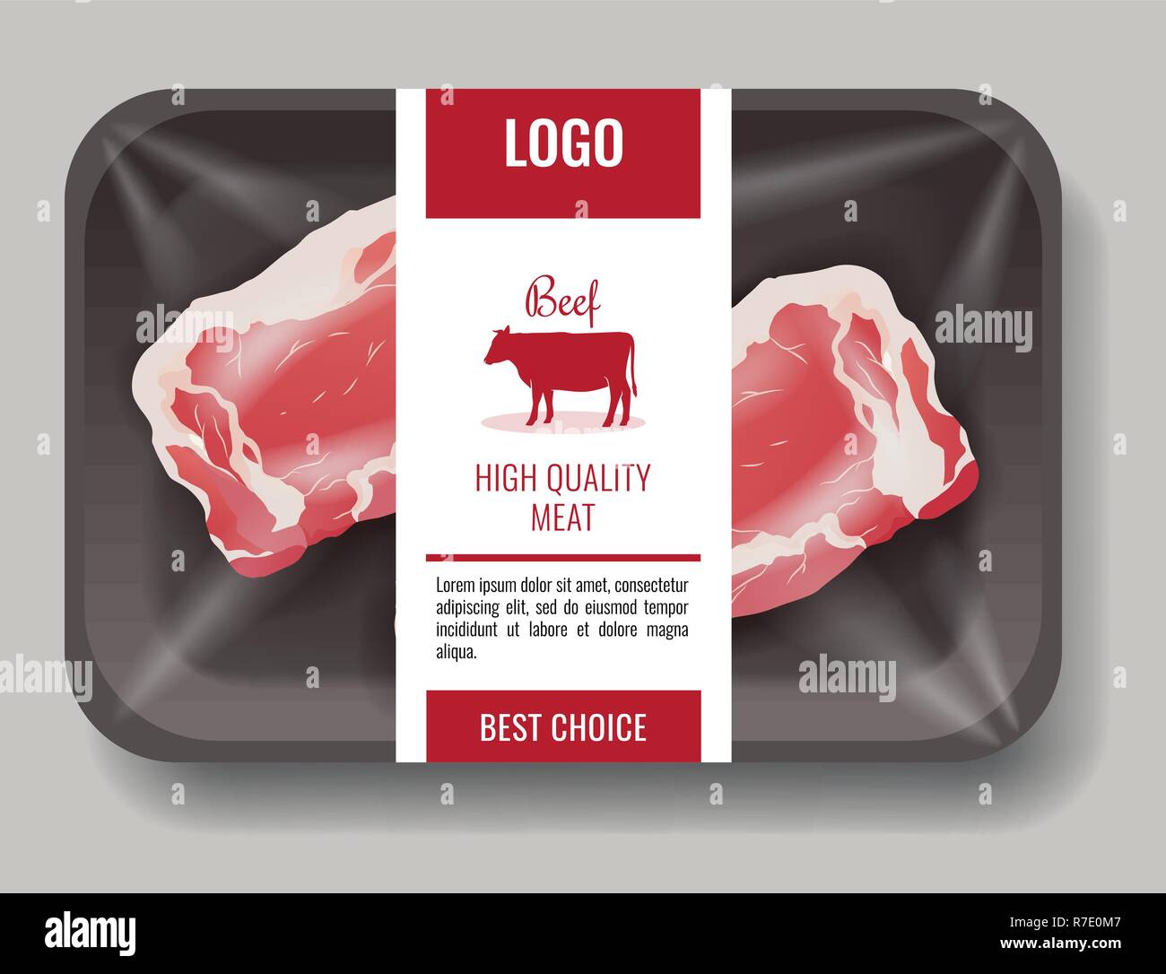 Prodotti di alta qualità, carni suine e bovine in pacchetto con il modello di etichetta Illustrazione Vettoriale