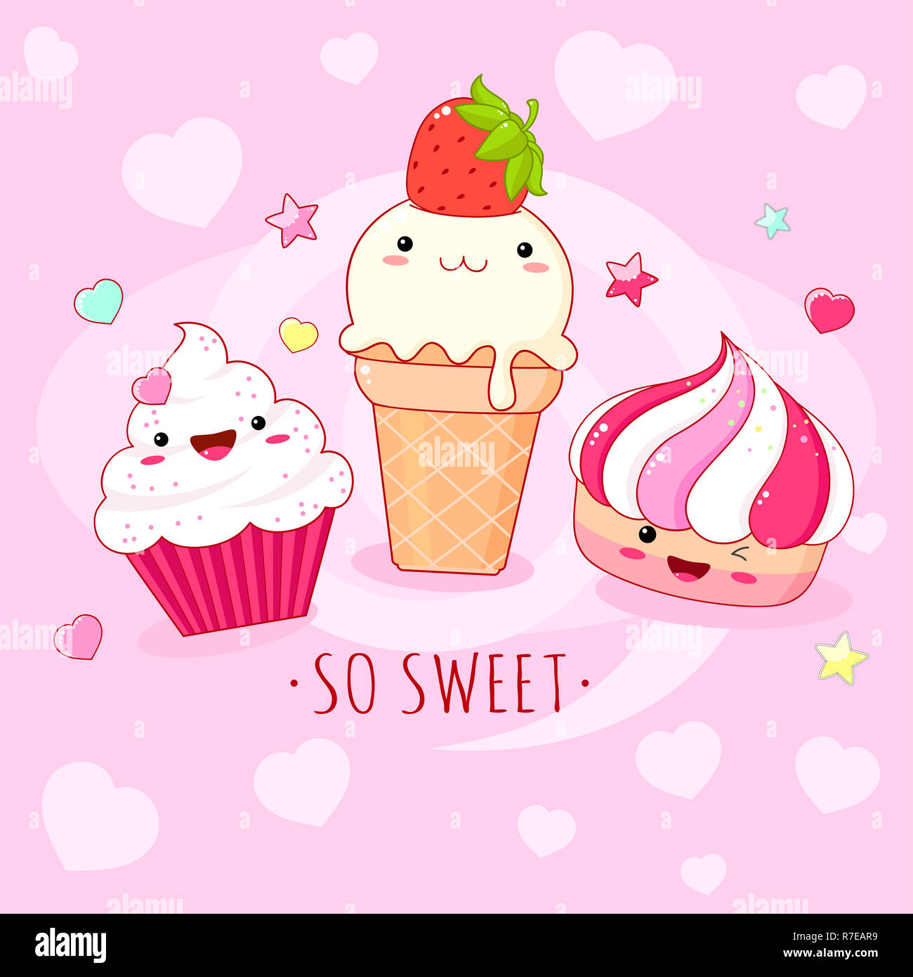 Divertenti con sfondo carino dolce icone in stile kawaii con volto sorridente e guance di rosa. Iscrizione così dolce, gelati e tortina. EPS8 Foto Stock