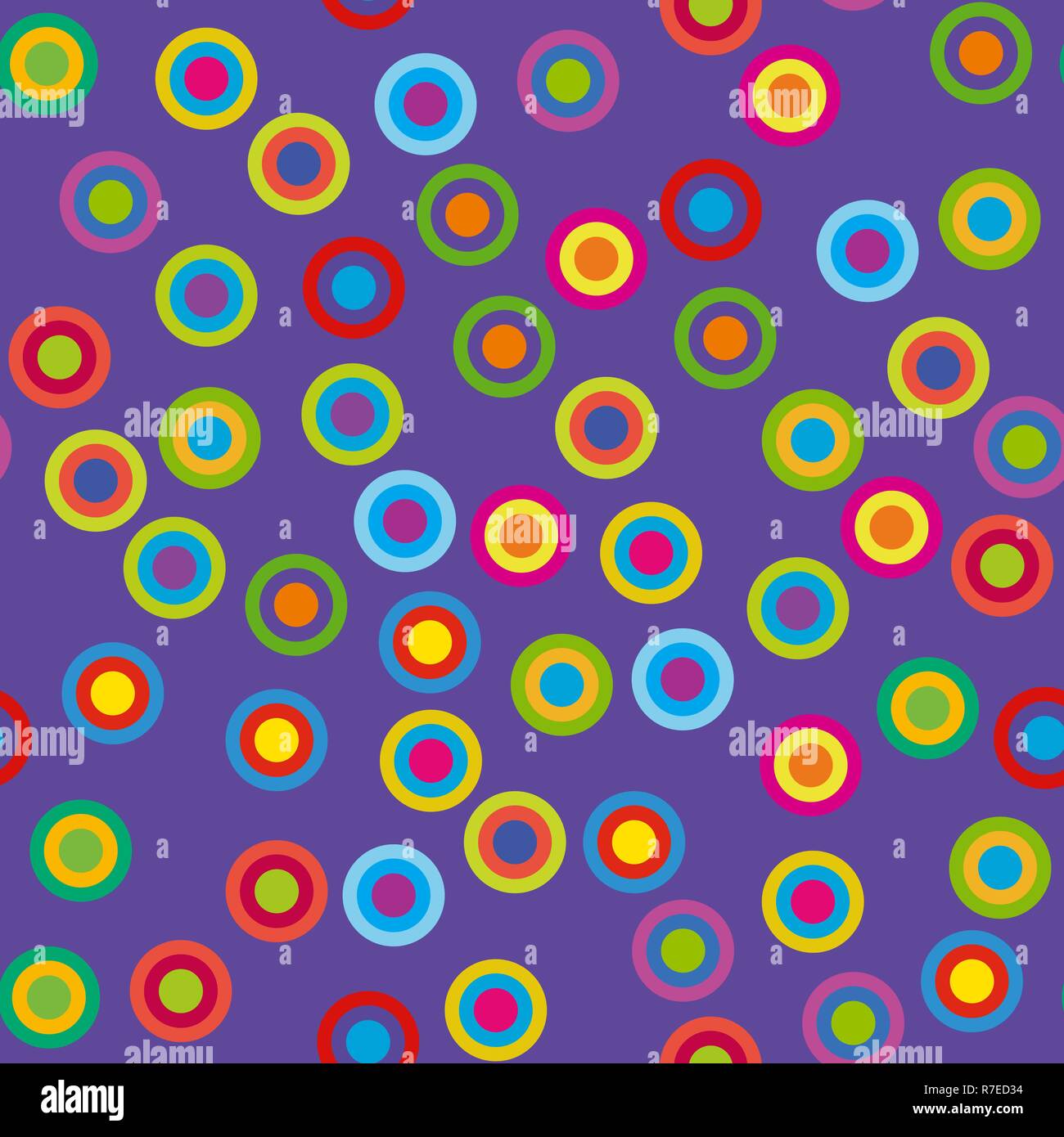 Colorati cerchi psichedelici su uno sfondo violetto. Illustrazione Vettoriale