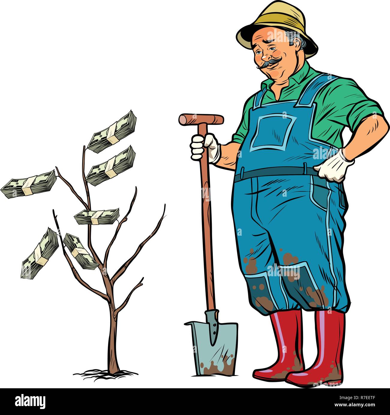 Il vecchio giardiniere cresce di dollari su un albero. La Pop art retrò illustrazione vettoriale kitsch vintage Illustrazione Vettoriale