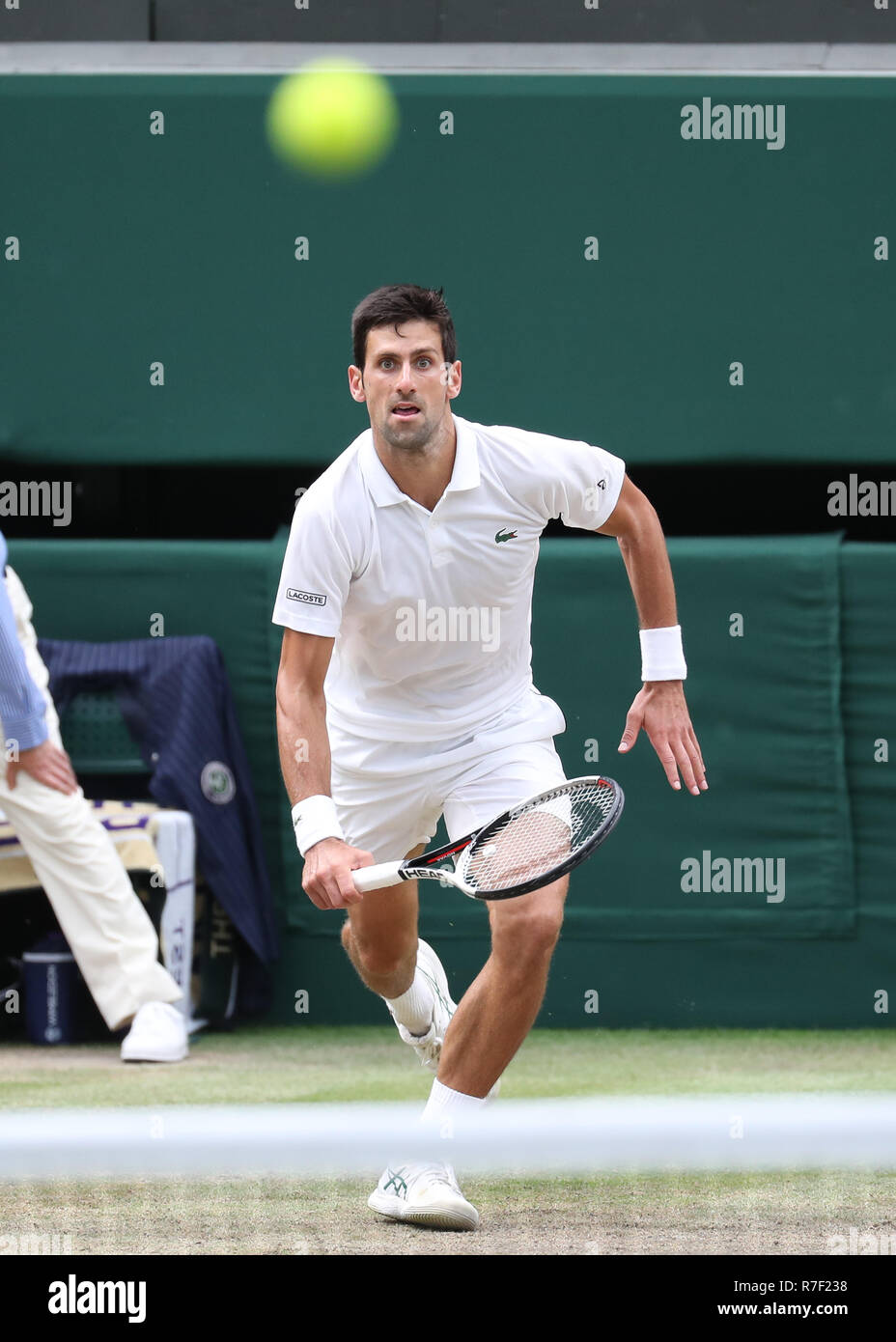 Lettore serbo Novak Djokovic in azione a Wimbledon, Londra, Gran Bretagna, Regno Unito. Foto Stock