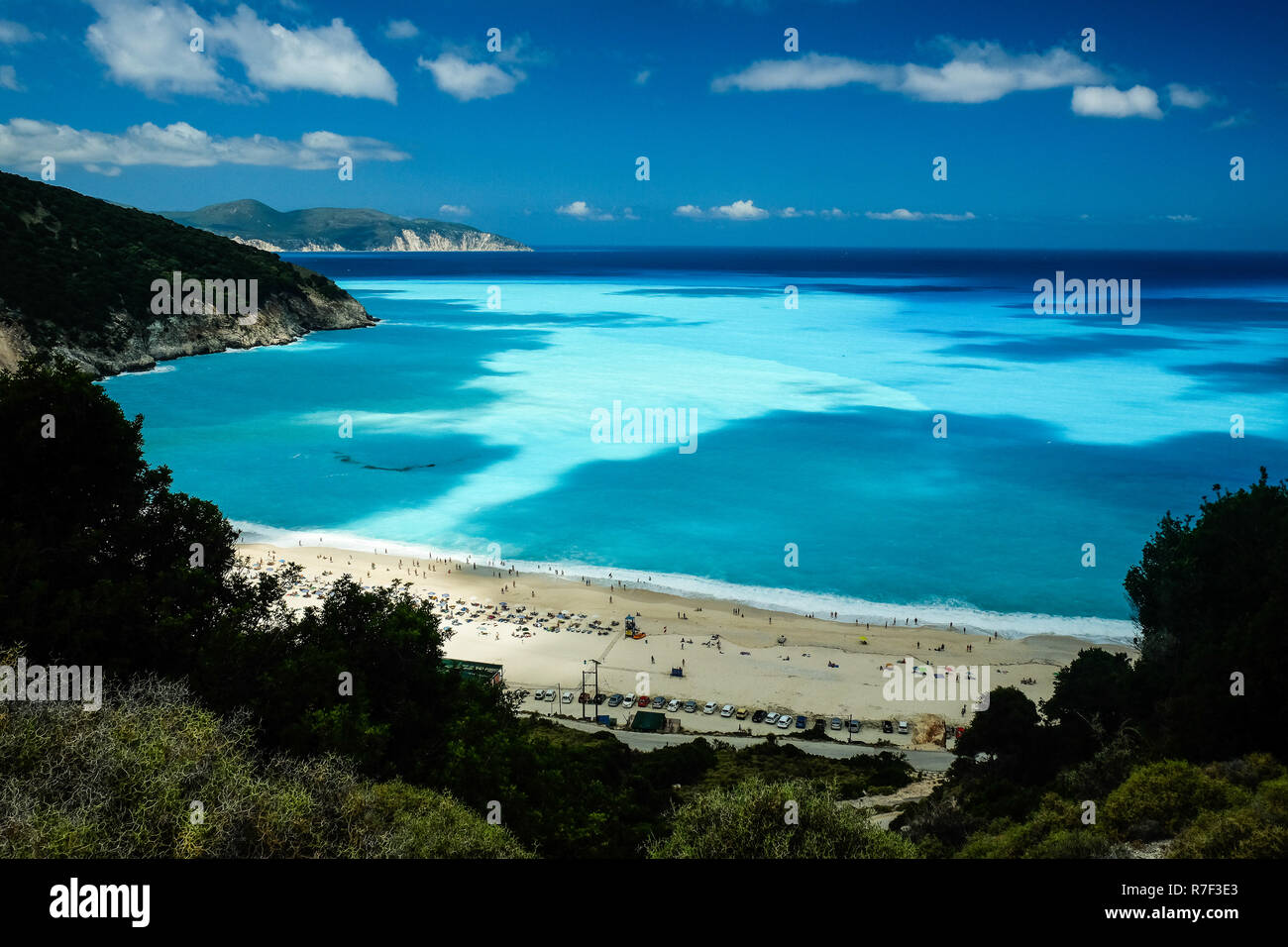 Myrtos Beach, a nord ovest di CEFALLONIA, ISOLE GRECHE, Grecia Foto Stock