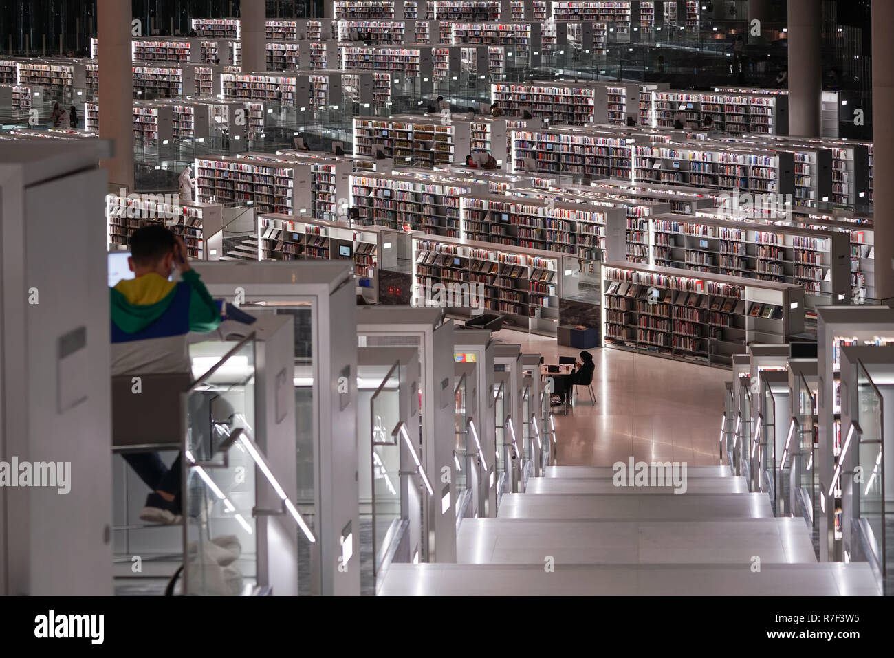 Il 45.000 mq di Qatar National Library all'avanguardia di edificio, si trova nel cuore della città di istruzione. Mondo-famoso architetto Rem Koolhaas il design assomiglia a due pezzi di carta che sono tirate e ripiegate diagonalmente in corrispondenza degli angoli per creare una struttura a guscio che racchiude il piano aperto interno. Il principale spazio interno è progettato per consentire una precisa quantità di luce solare di entrare e di mantenere una connessione con il mondo esterno. Foto Stock