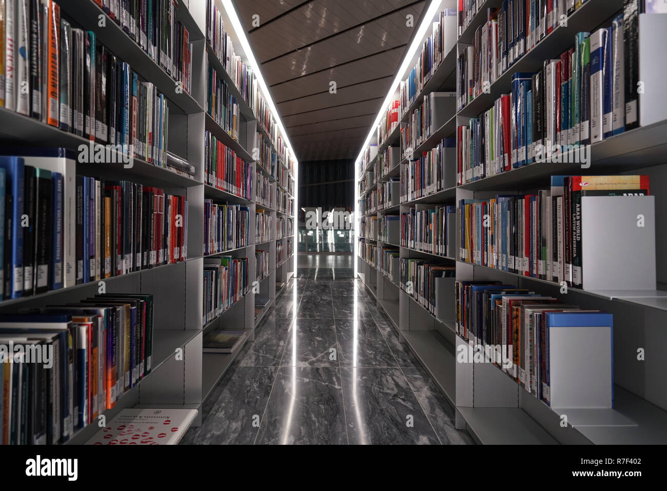 Il 45.000 mq di Qatar National Library all'avanguardia di edificio, si trova nel cuore della città di istruzione. Mondo-famoso architetto Rem Koolhaas il design assomiglia a due pezzi di carta che sono tirate e ripiegate diagonalmente in corrispondenza degli angoli per creare una struttura a guscio che racchiude il piano aperto interno. Il principale spazio interno è progettato per consentire una precisa quantità di luce solare di entrare e di mantenere una connessione con il mondo esterno. Foto Stock