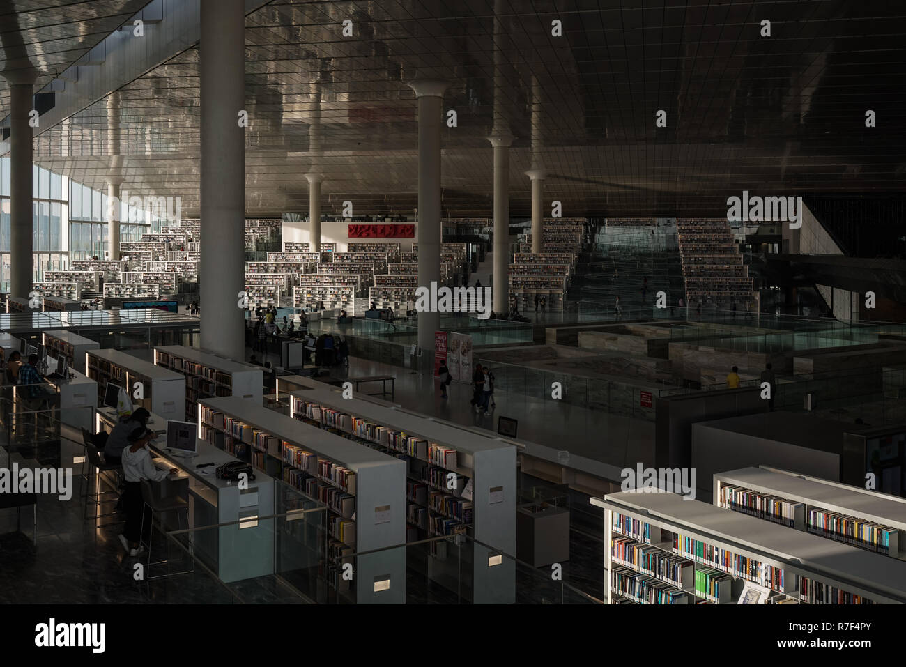 Il 45.000 mq di Qatar National Library all'avanguardia di edificio, si trova nel cuore della città di istruzione. Mondo-famoso architetto Rem Koolhaas il design assomiglia a due pezzi di carta che sono tirate e ripiegate diagonalmente in corrispondenza degli angoli per creare una struttura a guscio che racchiude il piano aperto interno. Il principale spazio interno è progettato per consentire una precisa quantità di luce solare di entrare e di mantenere una connessione con il mondo esterno. Foto Stock