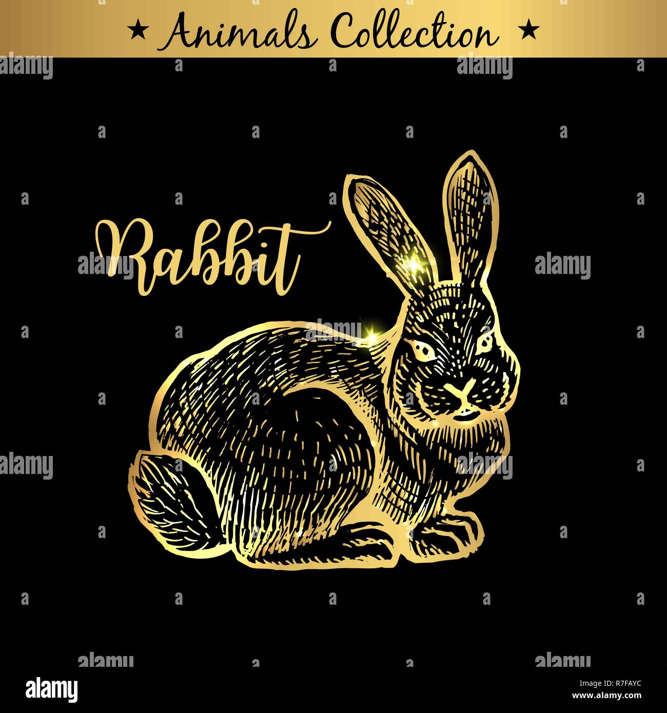 Golden e royal disegnati a mano emblema della fattoria degli animali di coniglio. La macelleria shop branding, prodotti a base di carne. Butcher mercato. Oro schizzo di contorno e scritte. Disegno del contorno concept Illustrazione Vettoriale