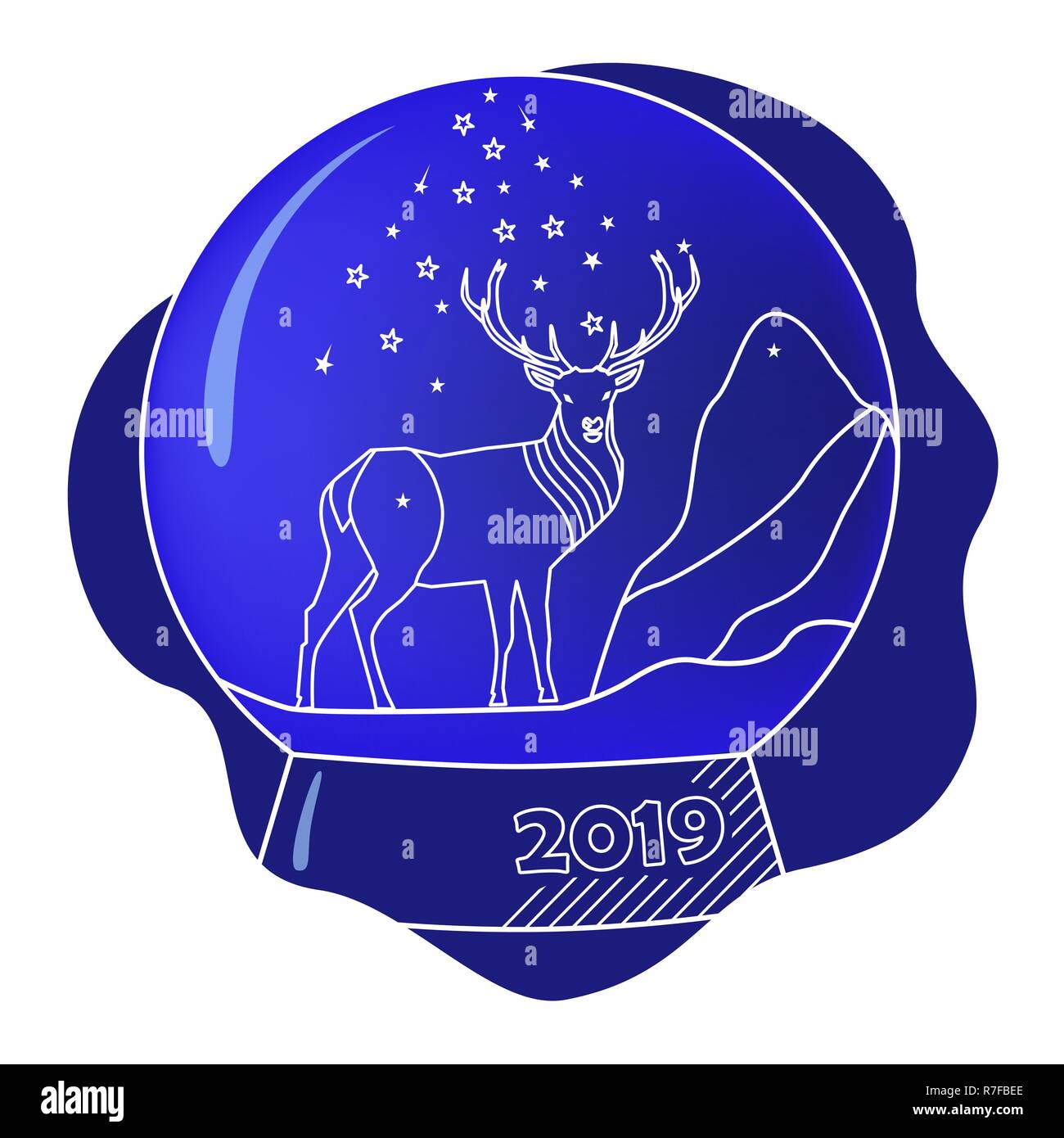 Blue winter snow globe in un cervo e fiocchi di neve con stelle all'interno, la piazza felice nuovo anno 2019 biglietto di auguri Illustrazione Vettoriale