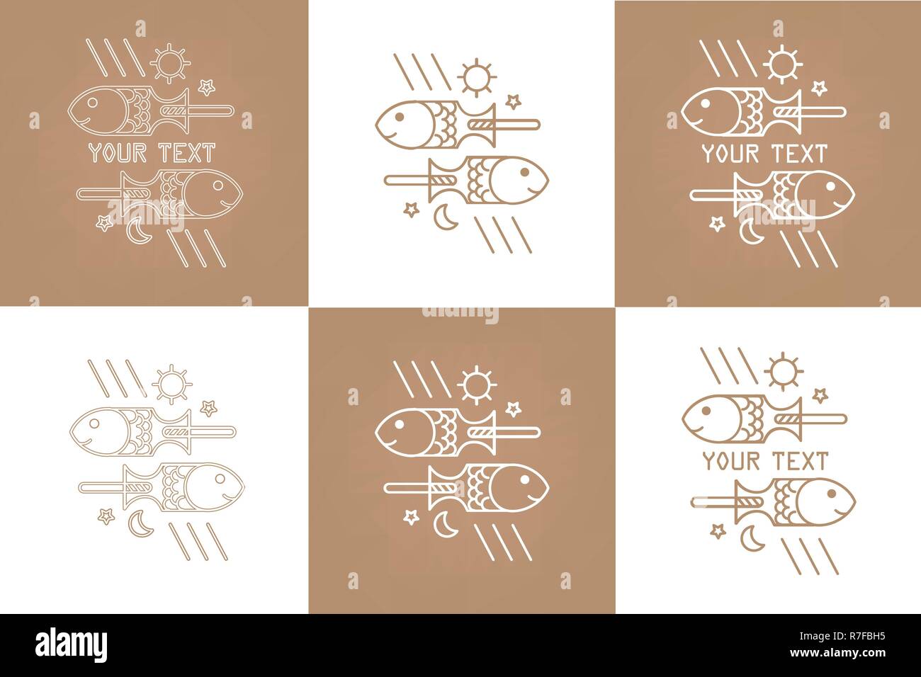 Vettore di disegno due pesci, logo per un ristorante aperto 24 ore, bar, market, negozio online, sito web. Illustrazione Vettoriale