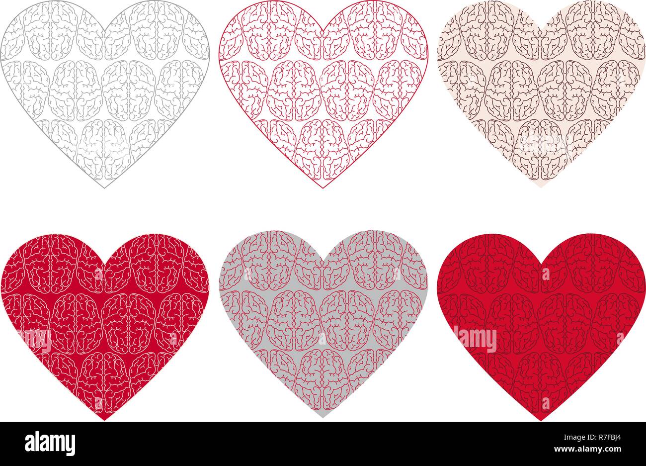 Silhouette di cuore con seamless pattern del cervello in diversi colori. Cartolina, sfondo per una pagina di un sito circa l amore e la mente Illustrazione Vettoriale