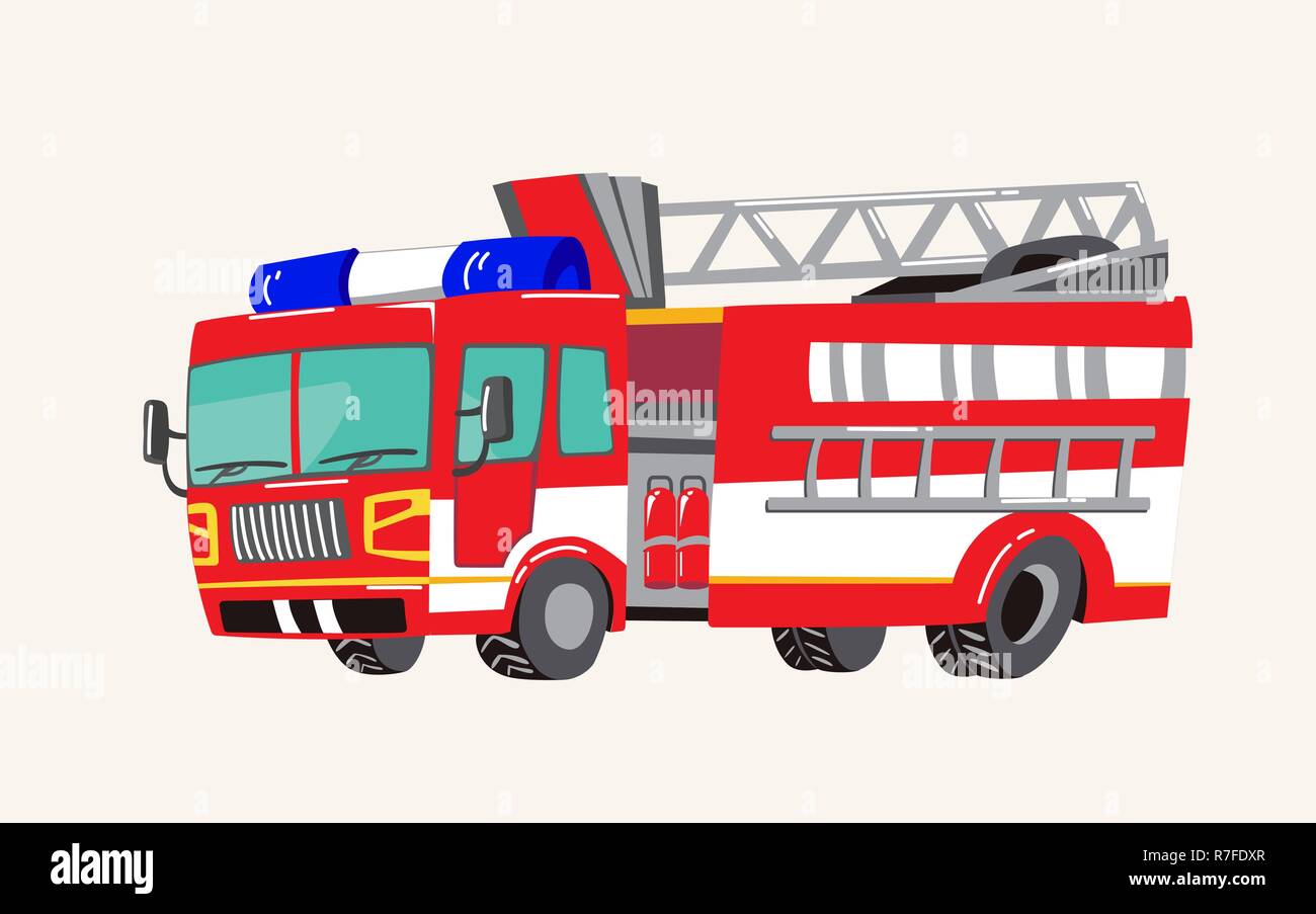 Divertente carino disegnato a mano i veicoli dei cartoni animati. Cartoon luminoso camion dei pompieri, motore fire, illustrazione vettoriale Illustrazione Vettoriale