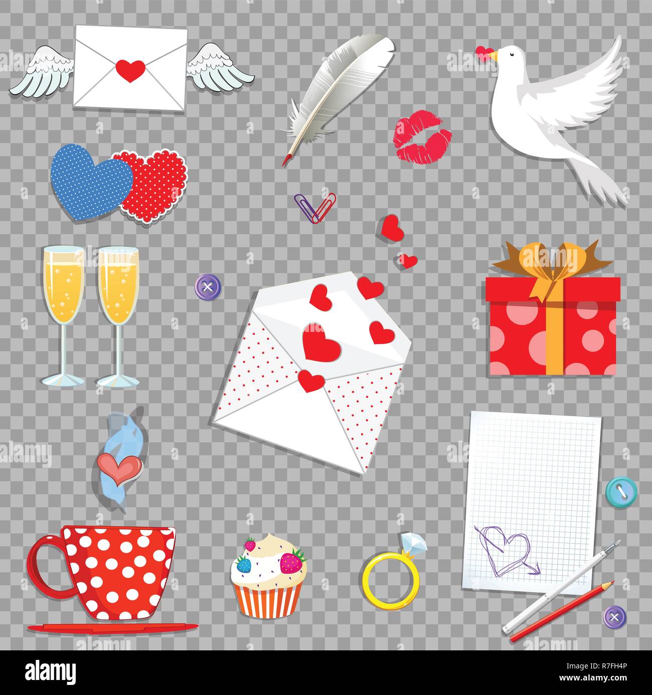 Felice il giorno di san valentino cartoon set di icone isolato su sfondo trasparente. Amore vacanza. Valentino o nozze elementi di raccolta per il biglietto di auguri, sc Illustrazione Vettoriale