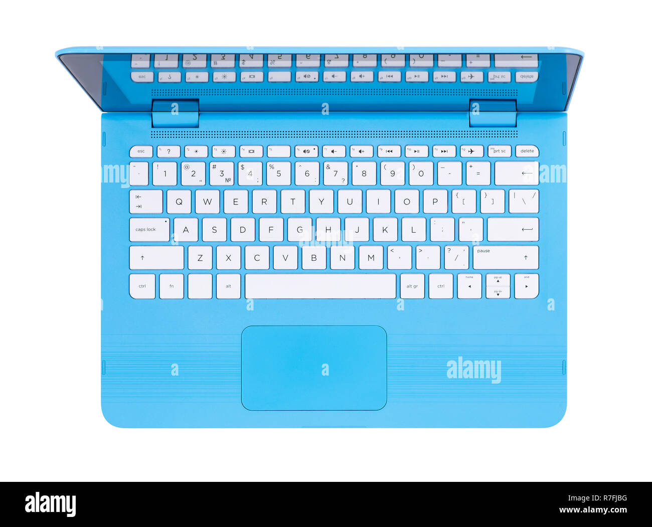 Aprire il notebook blu con tastiera inglese, vista dall'alto Foto Stock