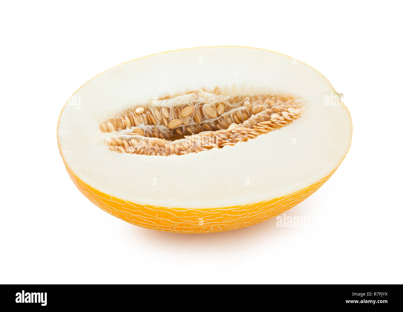 Il melone. La metà dei meloni maturi isolati su sfondo bianco. Il melone in un taglio Foto Stock