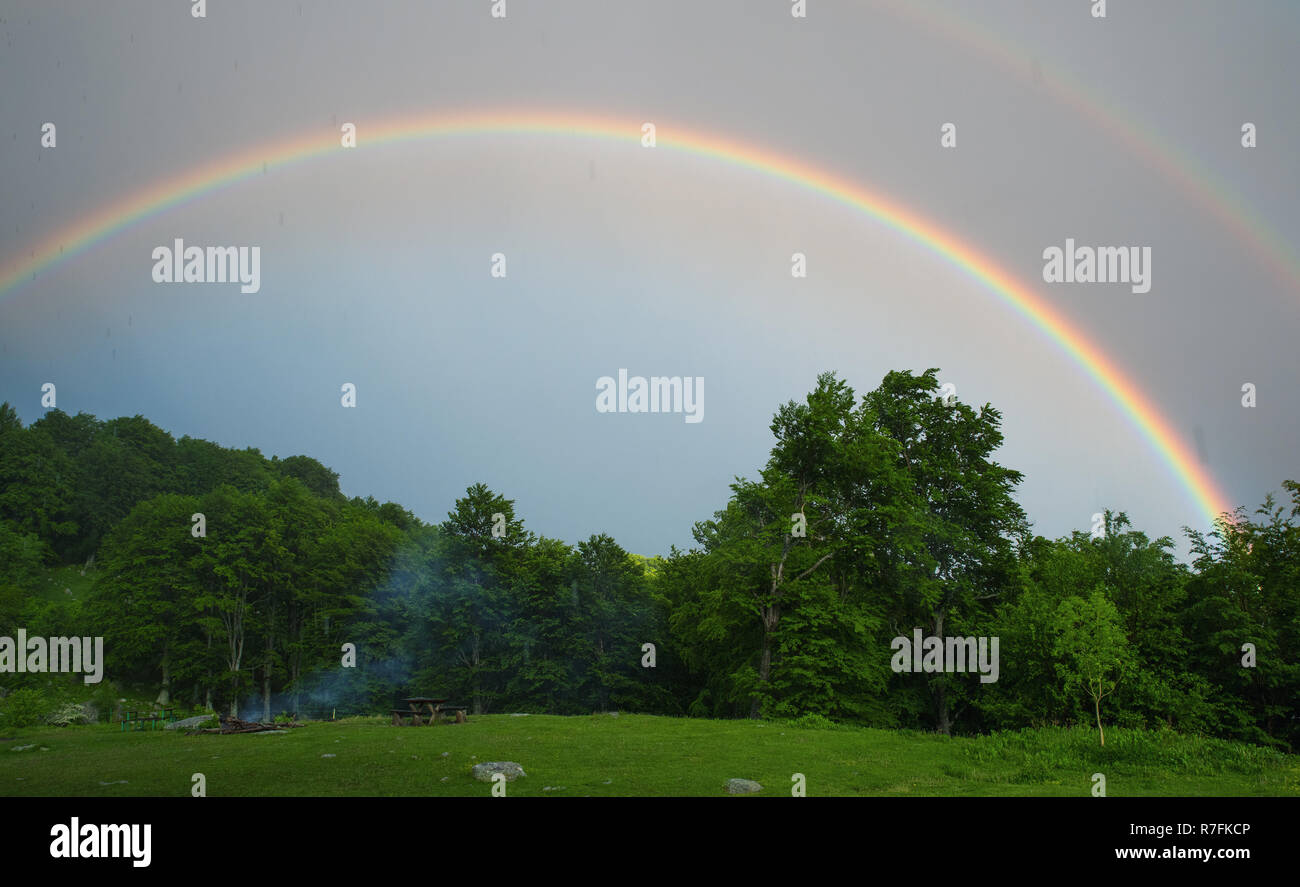 Rainbow sulla foresta. Uno splendido scenario. Foto Stock