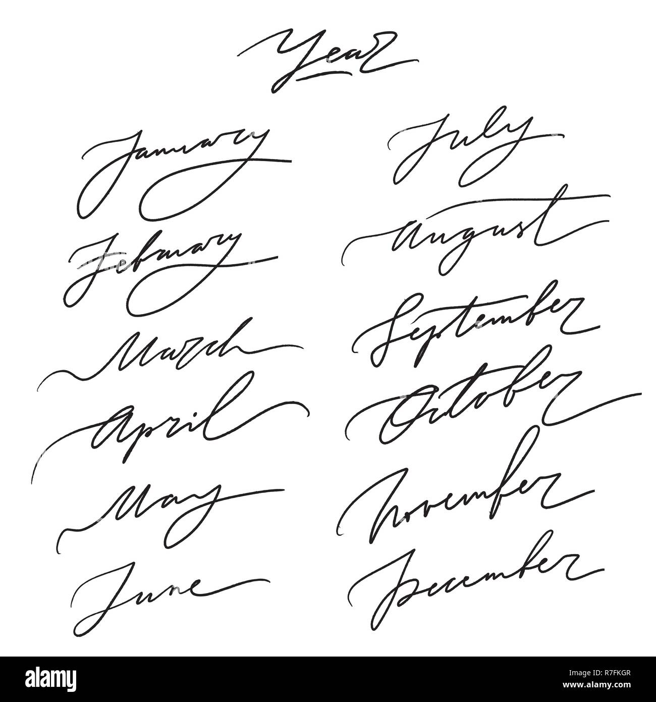 Disegnato a mano lettering vettore mesi isolato su uno sfondo bianco. Illustrazione Vettoriale