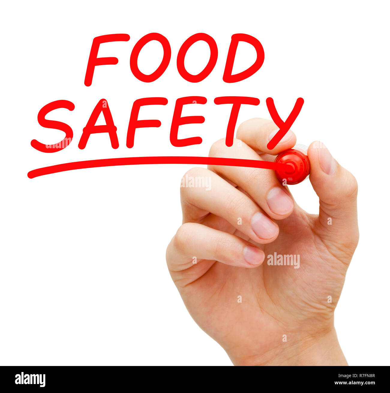 La scrittura a mano la sicurezza alimentare concetto con contrassegno rosso sulla cancellazione trasparente bordo isolato su bianco. Foto Stock