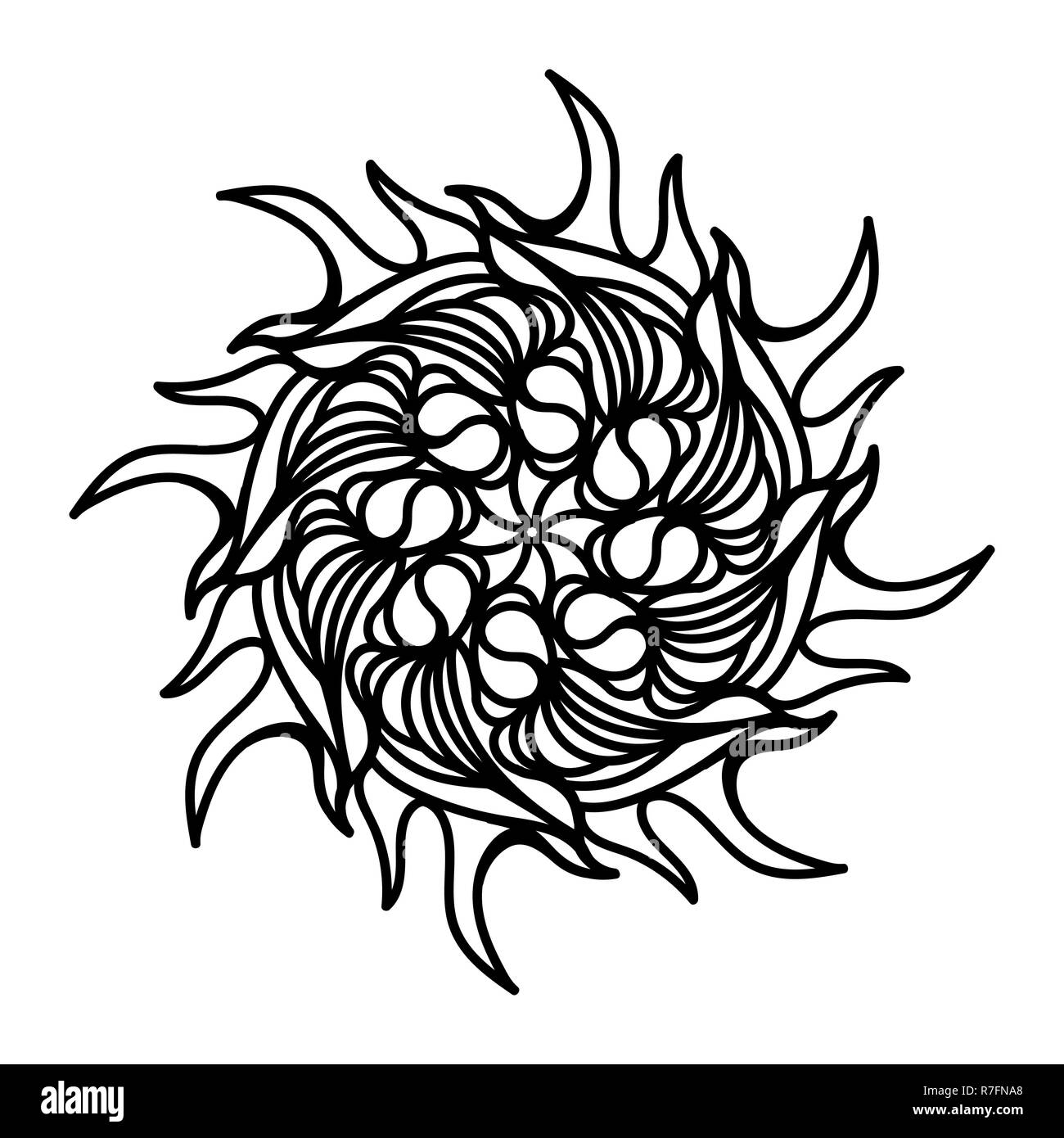 Sun disegnati a mano delineare Doodle Icona. Fonti di energia solare disegno vettoriale illustrazione per la stampa, il web e mobile infographics isolato su bianco backgrou Illustrazione Vettoriale