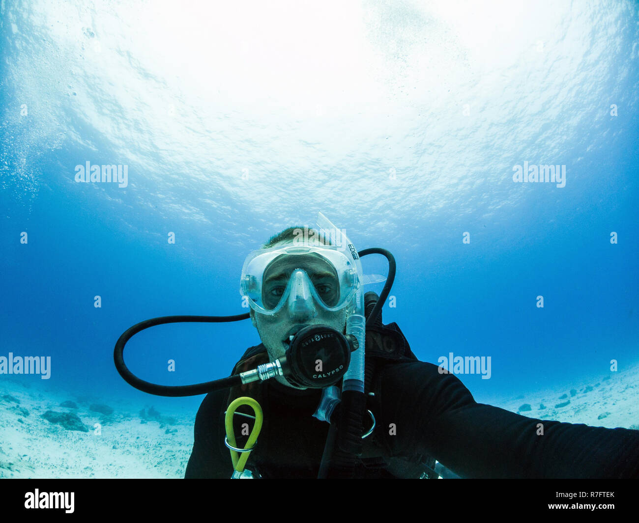 Scuba Diver Selfie - Ocean Scuba Diving in Cozumel, Messico Foto Stock