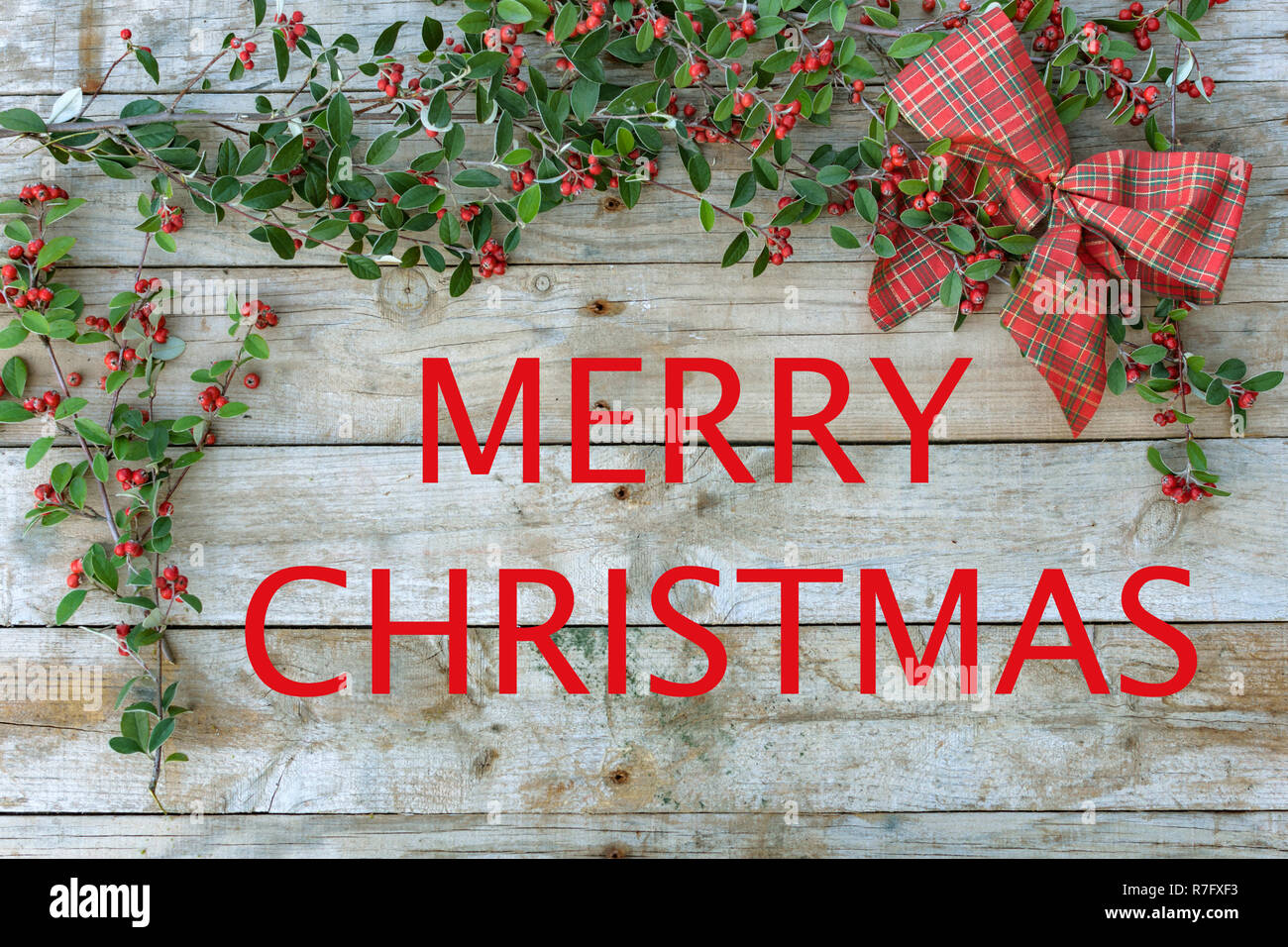 Sfondo di natale, biglietto di auguri. Il fogliame verde con bacche con un rosso controllato il tirante su pannello di legno. 'Buon Natale" Foto Stock