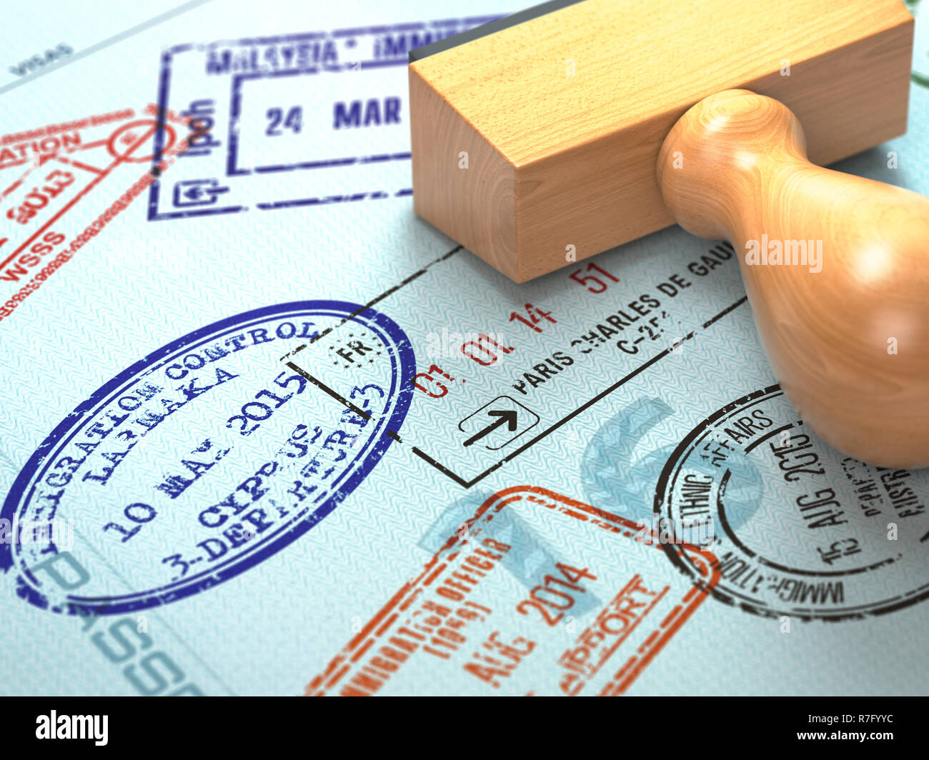 Passaporto con visto francobolli. Di viaggio o di turismo concetto dello sfondo. 3d illustrazione Foto Stock