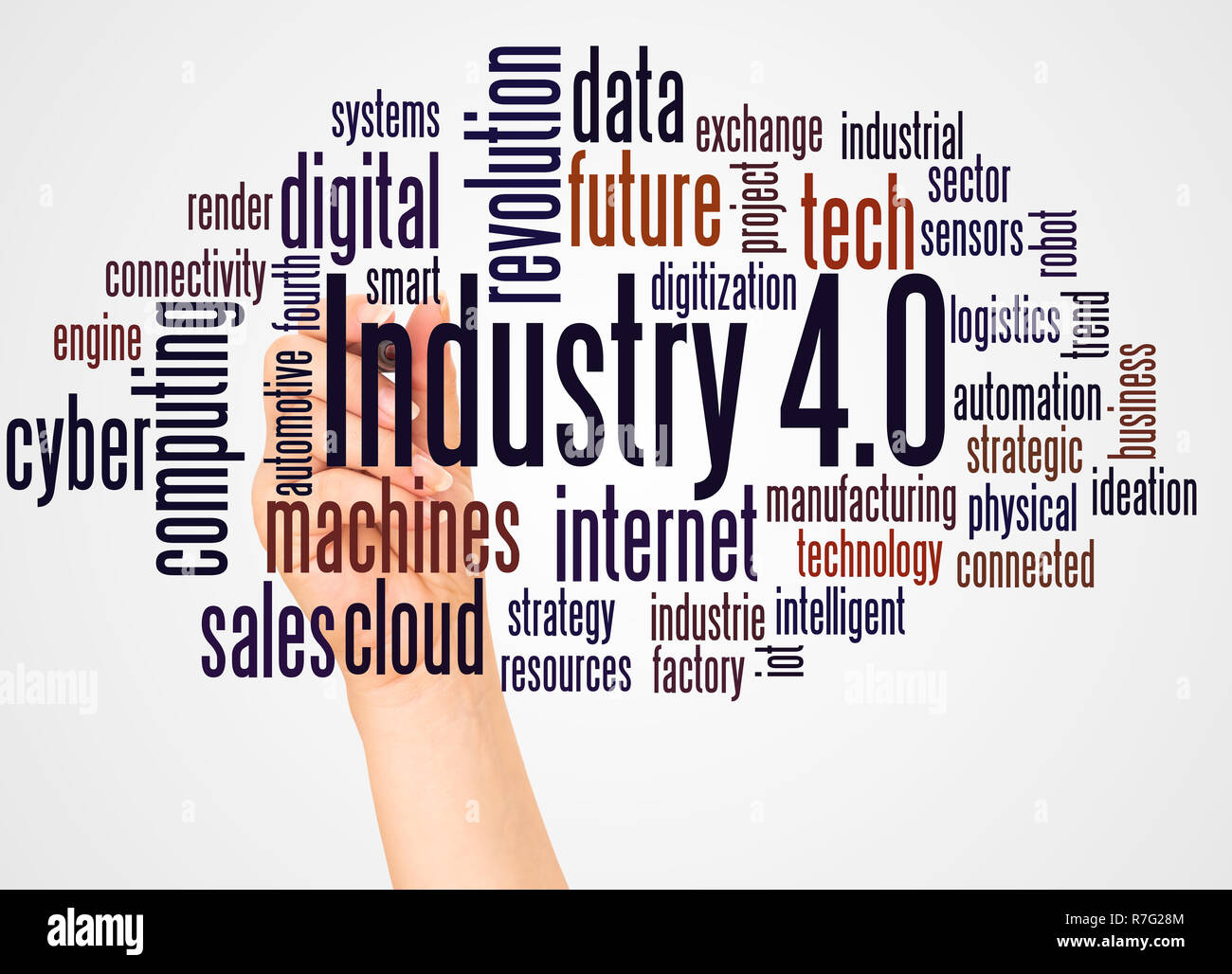 L'industria 4.0 word cloud e la mano con il concetto di marcatore su sfondo bianco. Foto Stock