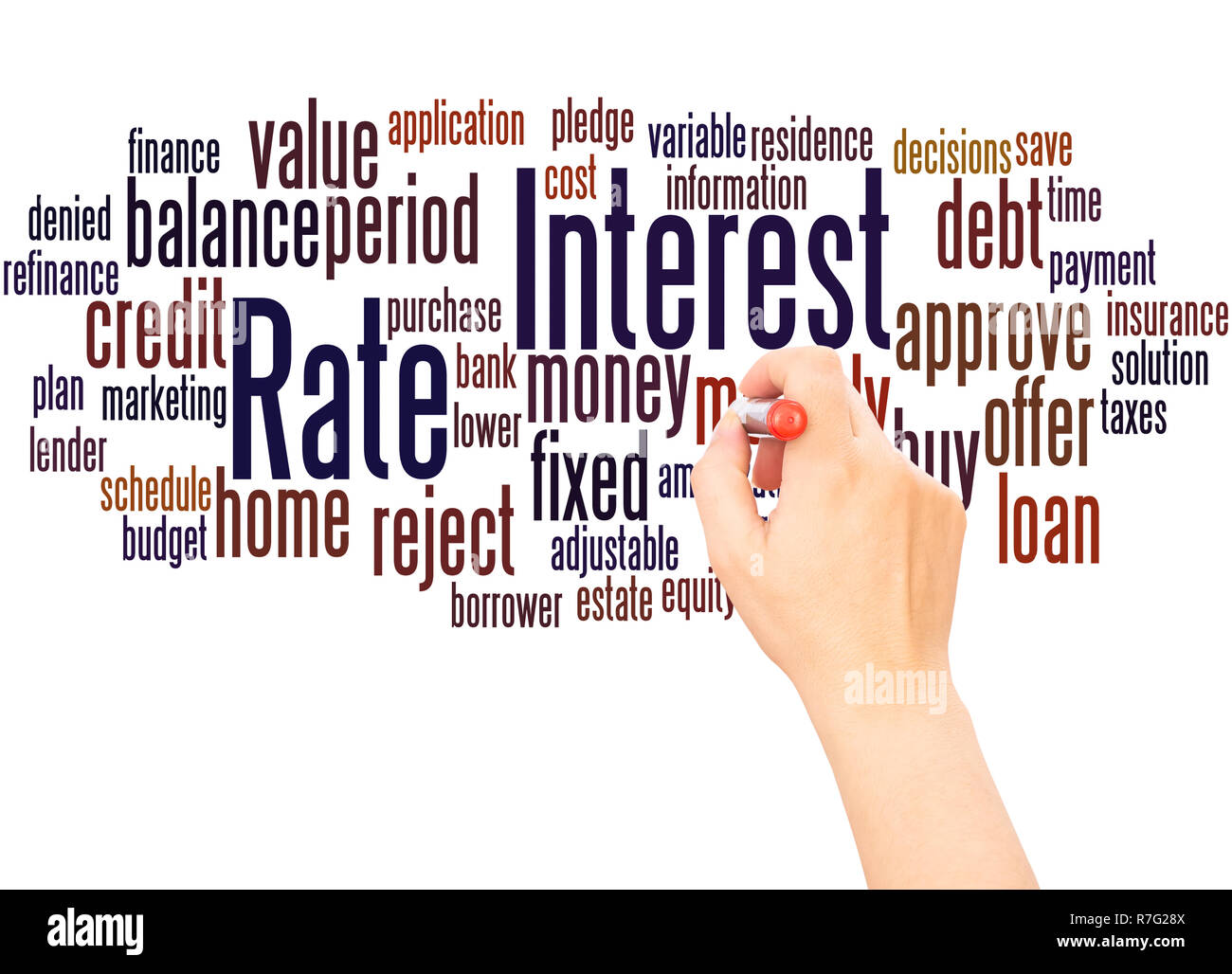 Tasso di interesse Nuvola di parola la scrittura a mano concetto su sfondo bianco. Foto Stock