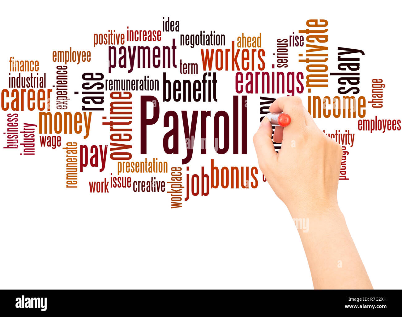 Payroll word cloud la scrittura a mano concetto su sfondo bianco. Foto Stock