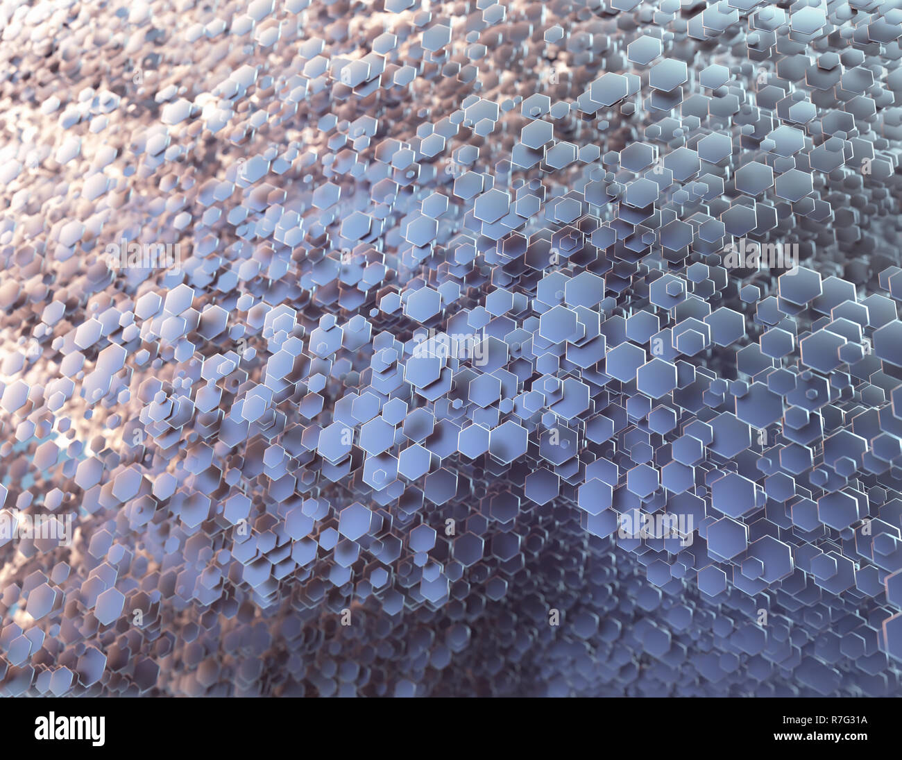 Abstract immagine poligonale con luci e ombre distribuiti casualmente. Tridimensionale forma a nido d'ape. 3D'illustrazione. Sfondo colorato. Foto Stock