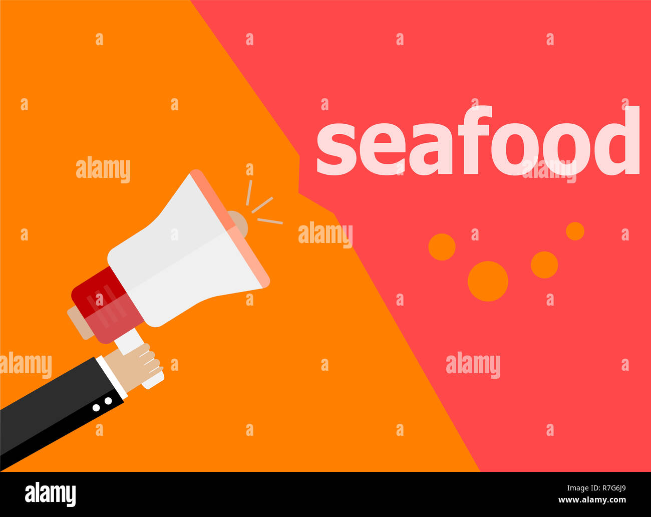 Design piatto il concetto di business. Frutti di mare. digital marketing business man holding megafono per il sito web e la promozione di banner. Foto Stock