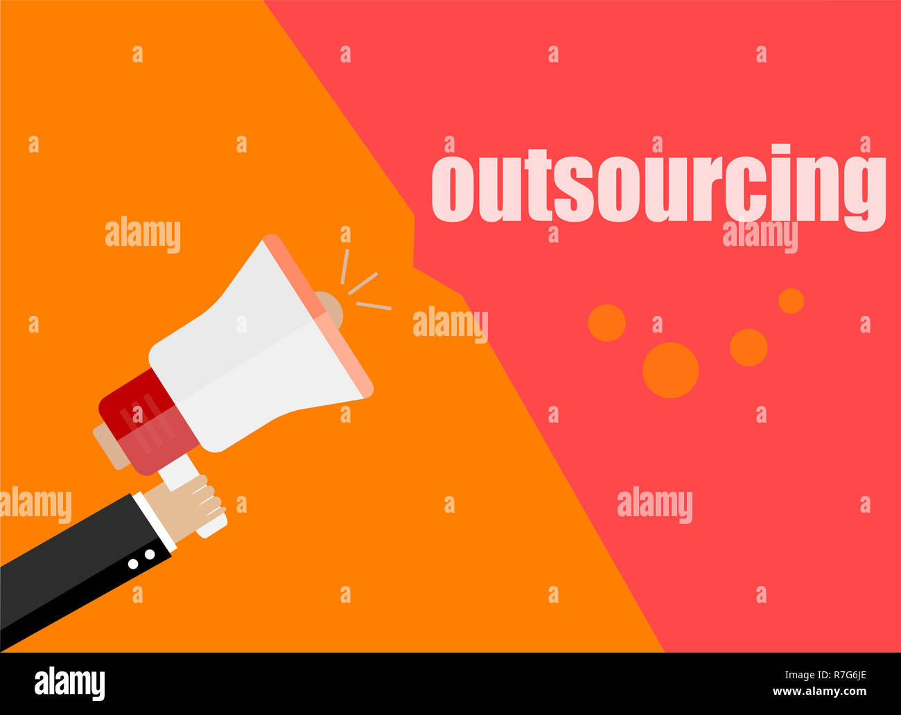 Outsourcing. Design piatto concetto aziendale digital marketing business man holding megafono per il sito web e la promozione dei banners Foto Stock