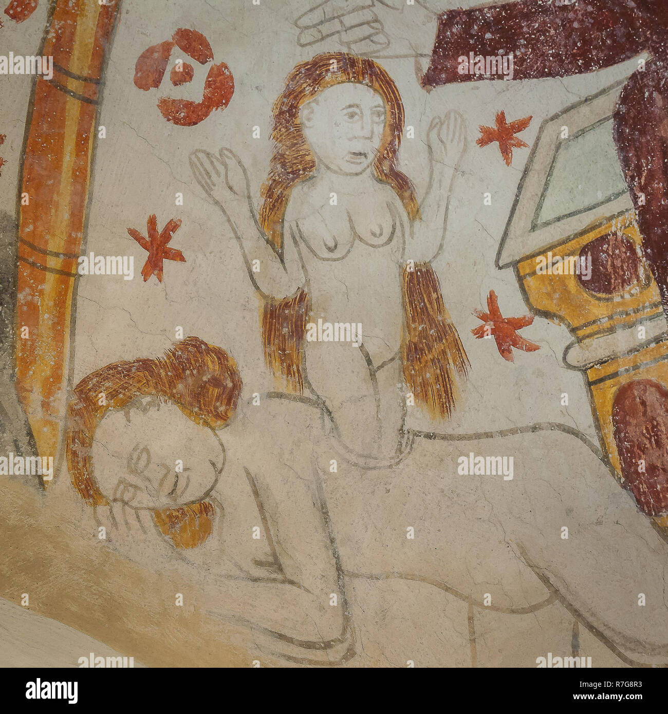 Creazione di Eva dalla costola di Adamo e la mano benedicente di Dio Padre, un antico dipinto murale gotica in Aspo chiesa, Svezia, 13 agosto 2009 Foto Stock