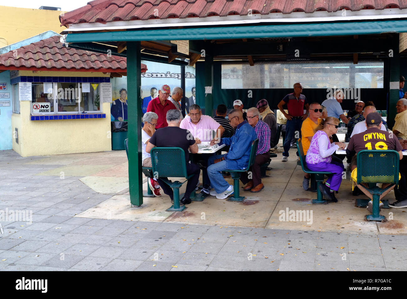Gioca domino in Maximo Gomez Park, meglio noto come il Domino Park, Little Havana Miami, Florida Foto Stock