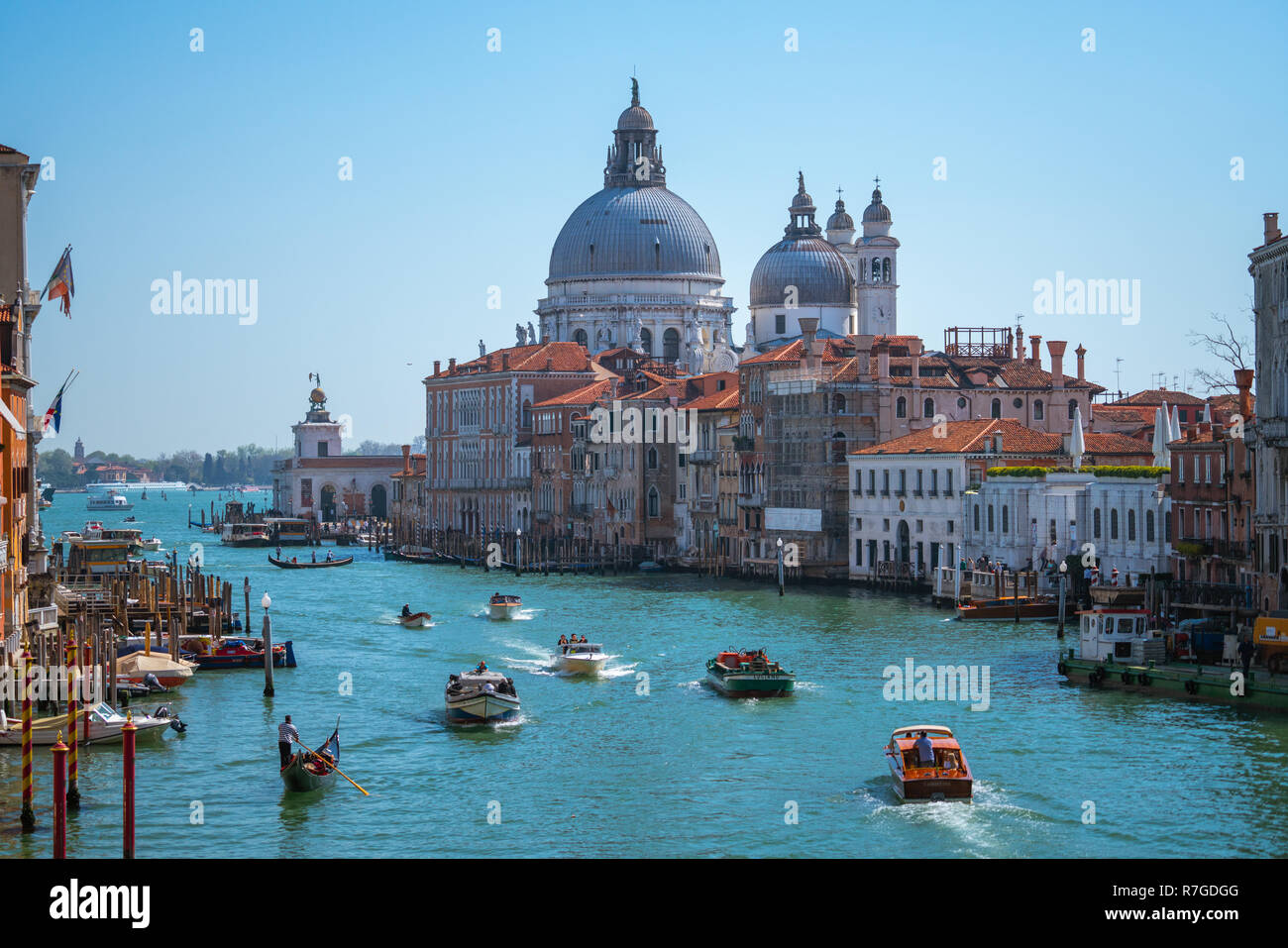 Il traffico del canal grande e la Basilica di Santa Maria della Salute su soleggiate giornate estive di Venezia, Italia Foto Stock