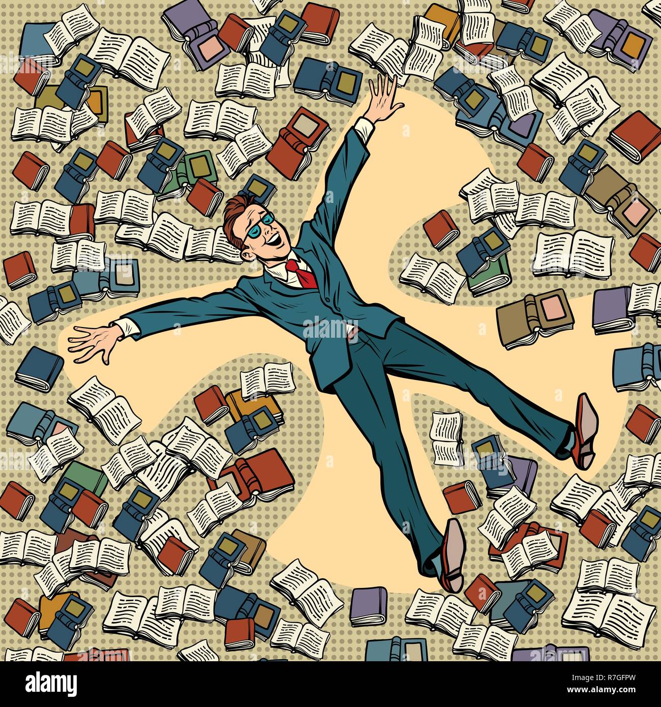 Un uomo fa un angelo di neve nei libri. Fumetto cartoon arte pop retrò illustrazione vettoriale disegno Illustrazione Vettoriale