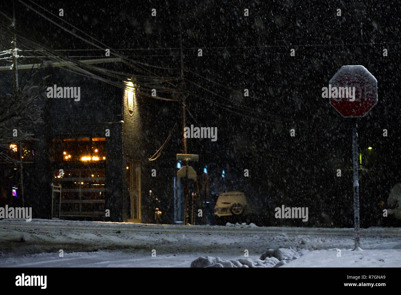 Il segnale di arresto durante la tempesta di neve Diego Foto Stock