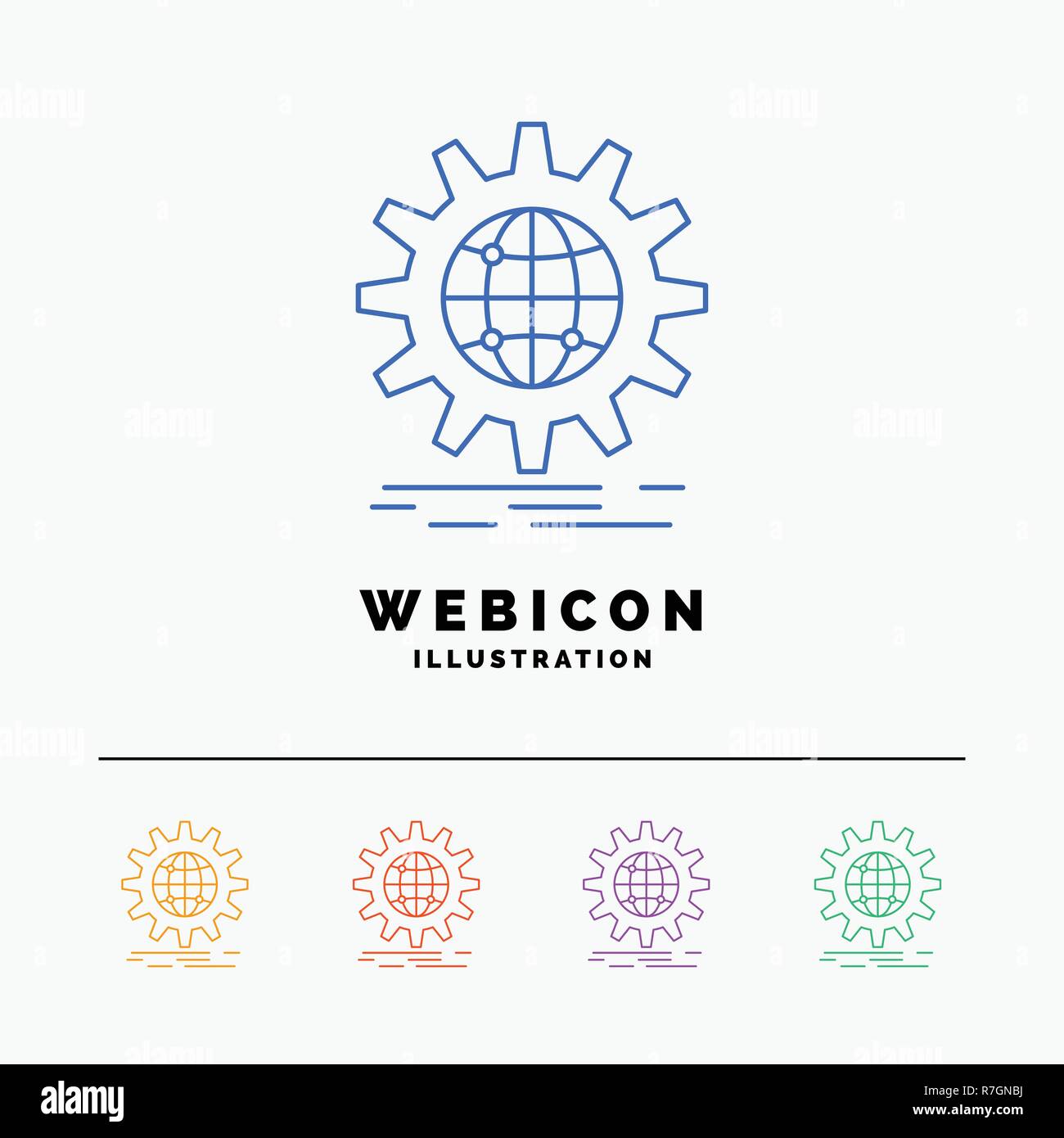 International Business, Globe, world wide, ingranaggio 5 Color Line Web Modello icona isolato su bianco. Illustrazione Vettoriale Illustrazione Vettoriale