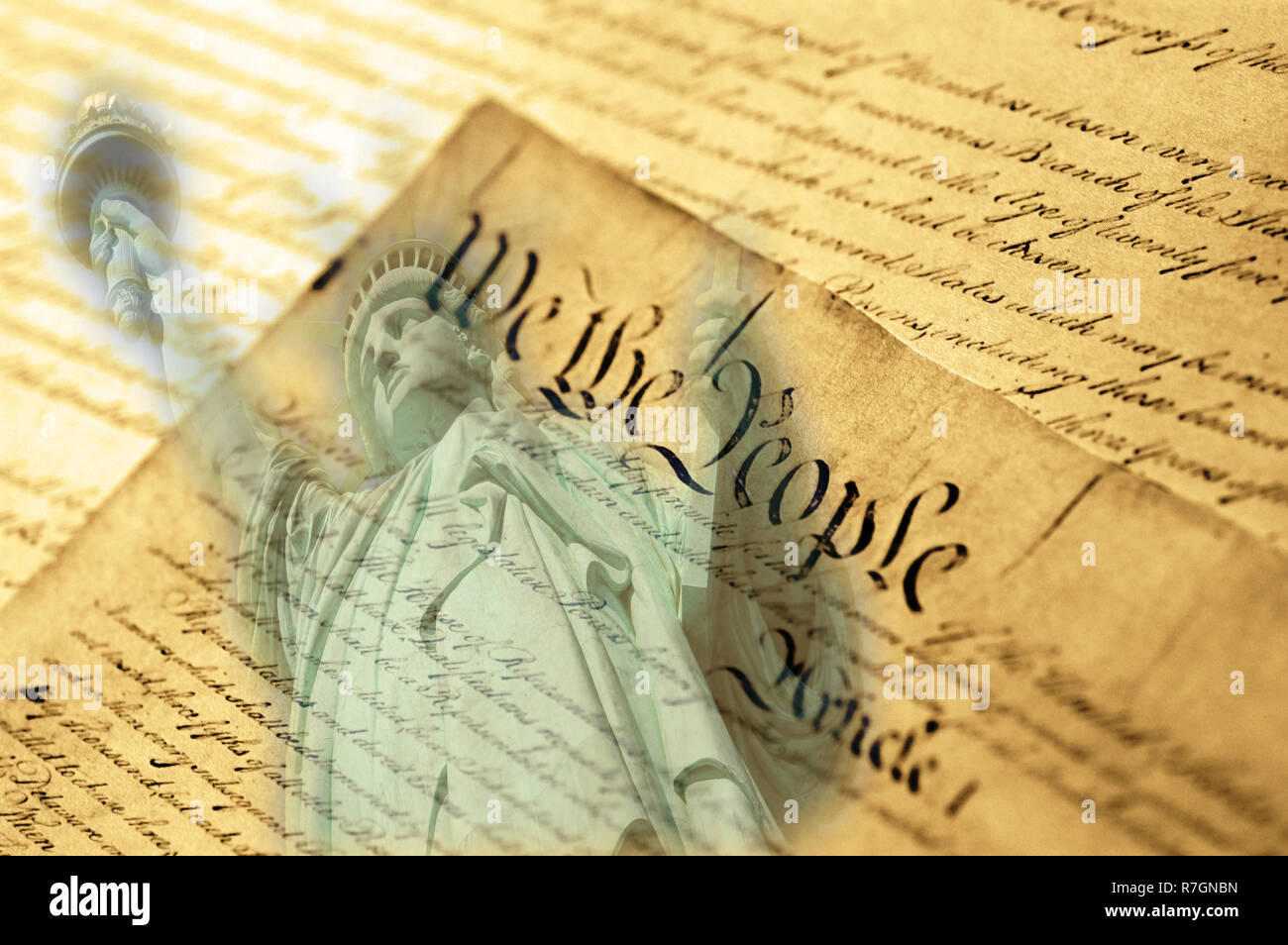 La Statua della Libertà e Stati Uniti Dichiarazione di Indipendenza, tonalità seppia Foto Stock