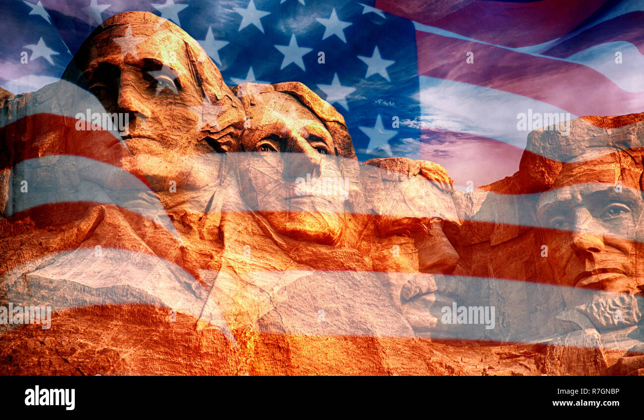 Il monte Rushmore - scultura con le facce dei quattro presidenti americani agli Stati Uniti di bandiera Foto Stock