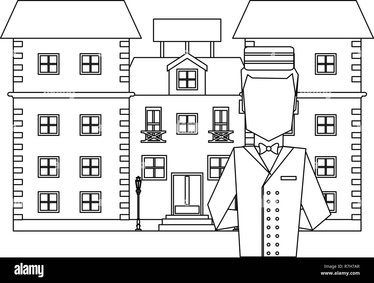 Hotel servizio di facchino in bianco e nero Illustrazione Vettoriale