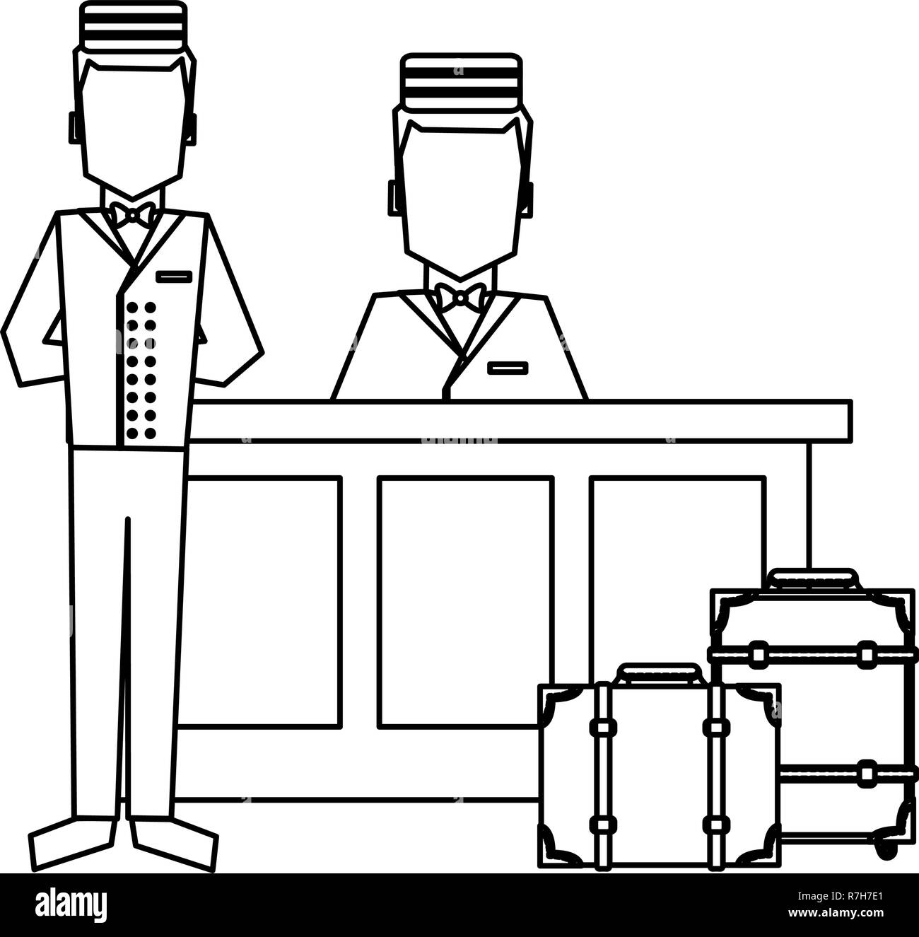 Il facchino con i bagagli alla reception in bianco e nero Illustrazione Vettoriale
