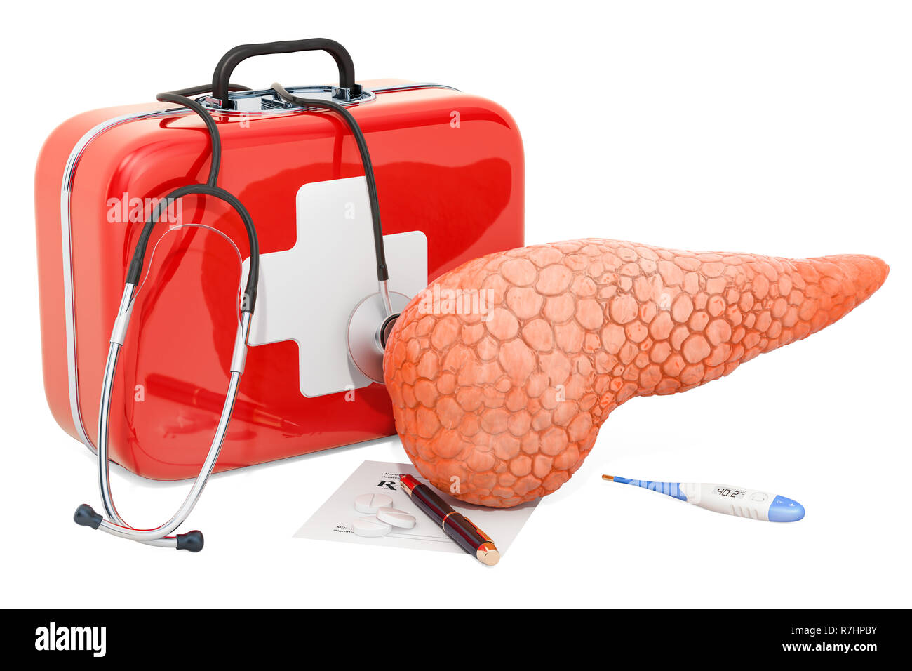 Primo aiuto medico e trattamento del pancreas concetto, 3D rendering isolati su sfondo bianco Foto Stock