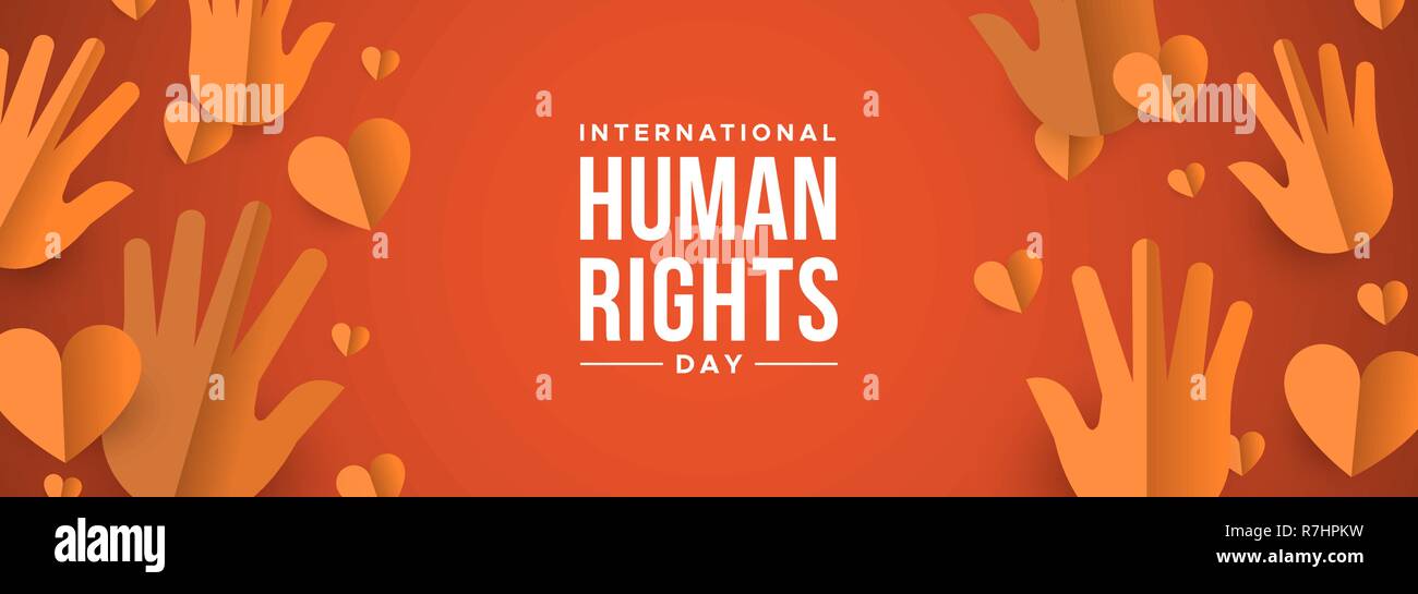 La Giornata Internazionale dei Diritti Umani i banner web illustrazione del popolo le mani e il cuore di forme in carta arancione stile di taglio. Uguaglianza sociale concetto banner per Illustrazione Vettoriale